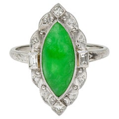 Art Deco Type A Jade 14 Karat White Gold Vintage Scrolling Navette Halo Ring GIA