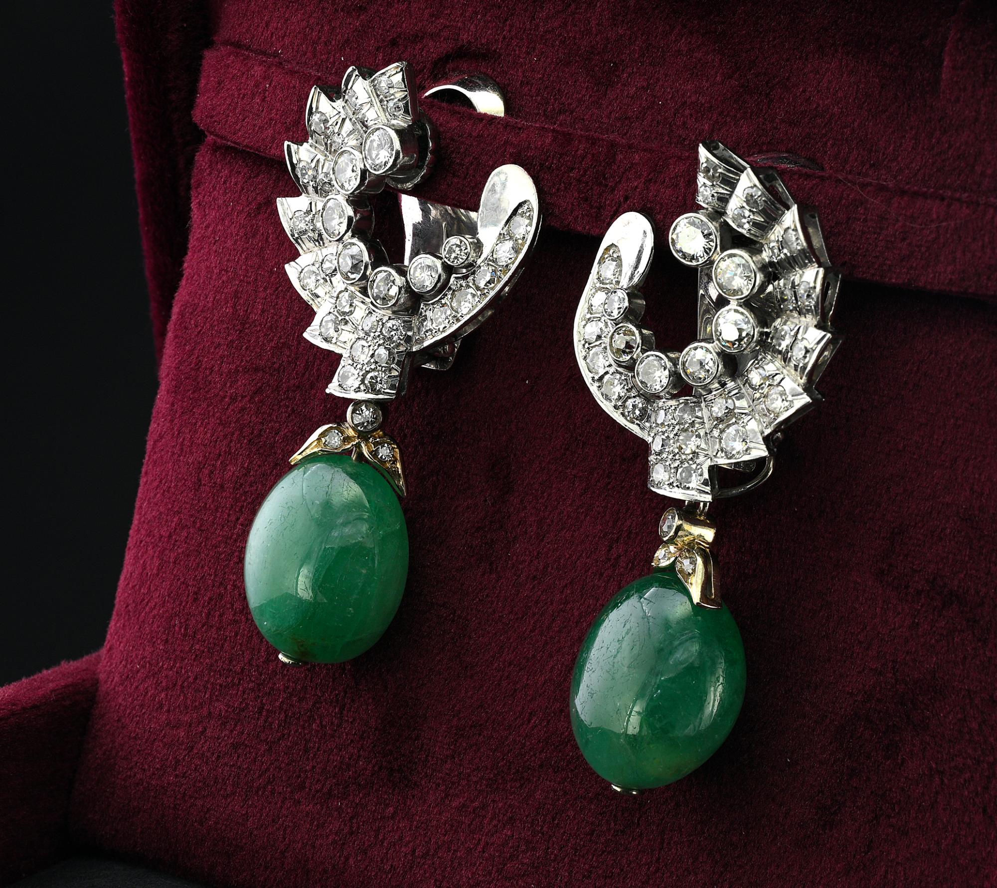Art Deco Umberto Fontana 3.20 Ct Diamond 40.00 Ct Emerald Drop Earrings For Sale 5