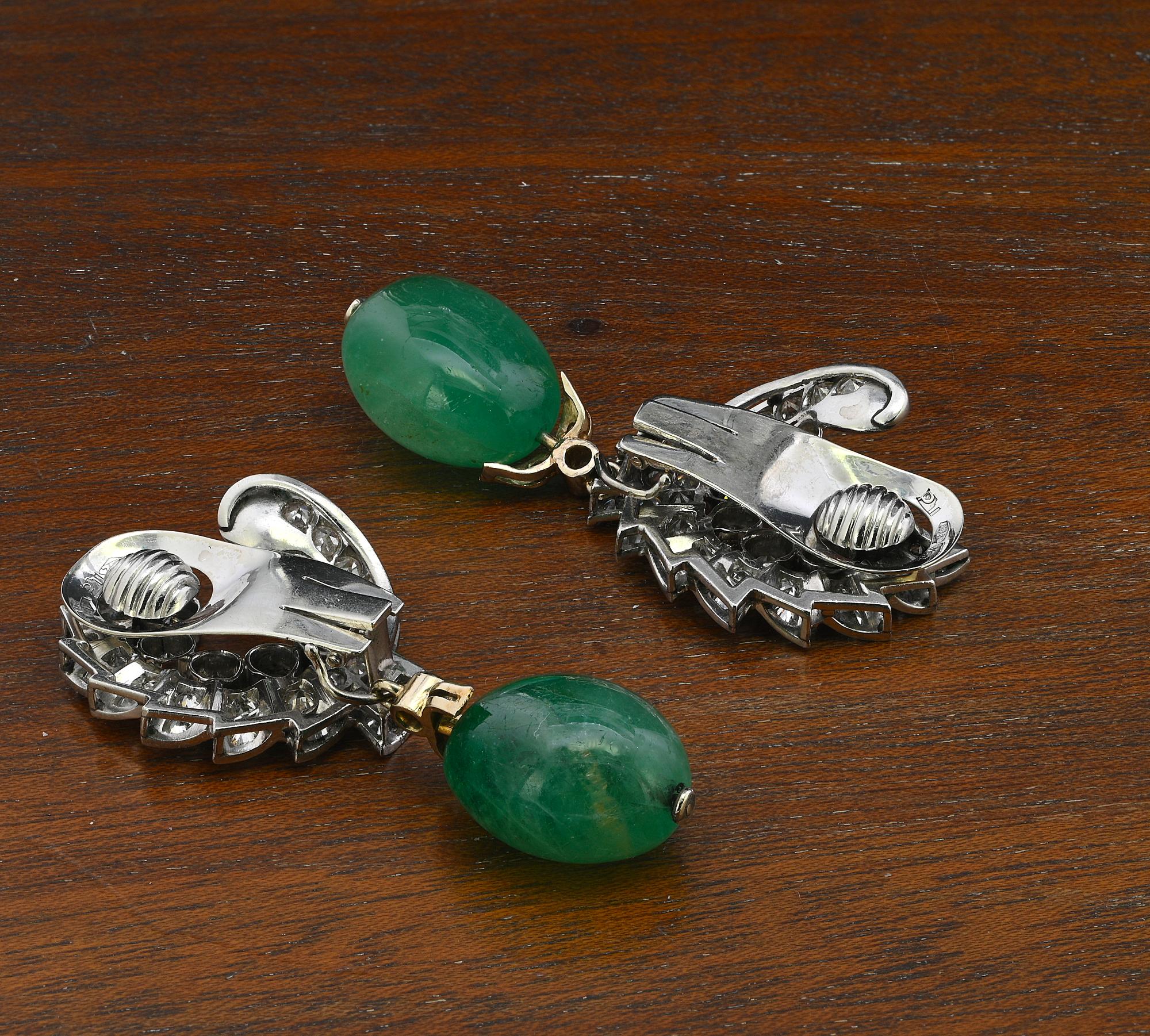 Art Deco Umberto Fontana 3.20 Ct Diamond 40.00 Ct Emerald Drop Earrings For Sale 6