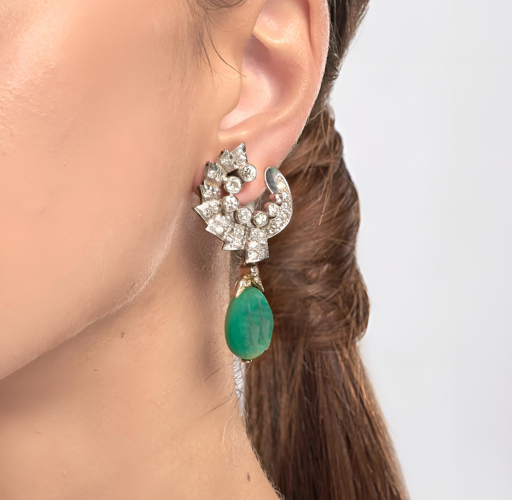 Art Deco Umberto Fontana 3.20 Ct Diamond 40.00 Ct Emerald Drop Earrings For Sale 8