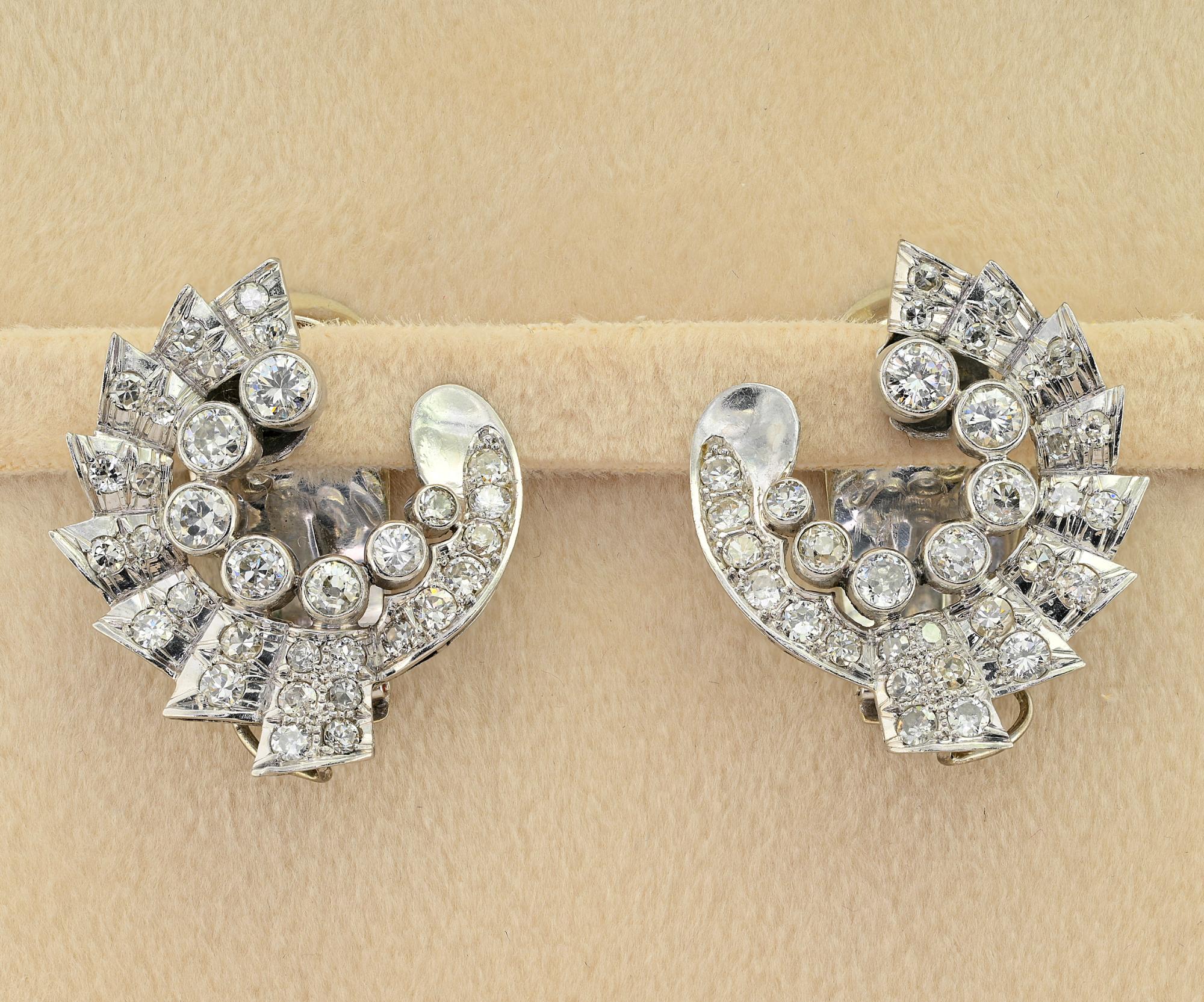 Old European Cut Art Deco Umberto Fontana 3.20 Ct Diamond 40.00 Ct Emerald Drop Earrings For Sale