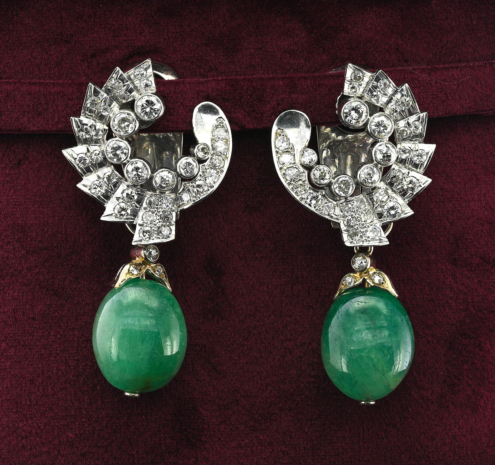 Art Deco Umberto Fontana 3.20 Ct Diamond 40.00 Ct Emerald Drop Earrings In Good Condition For Sale In Napoli, IT