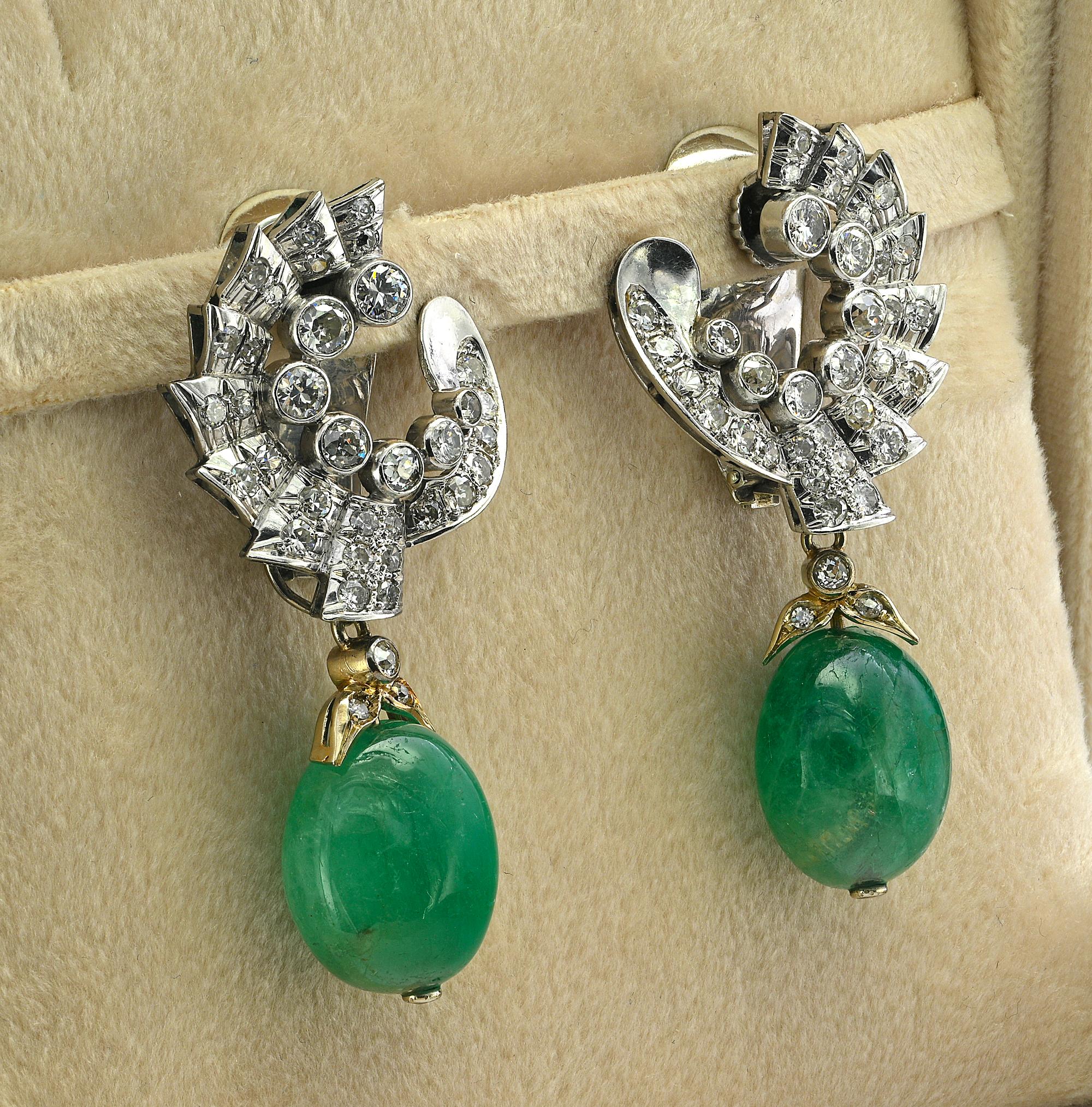 Women's Art Deco Umberto Fontana 3.20 Ct Diamond 40.00 Ct Emerald Drop Earrings For Sale