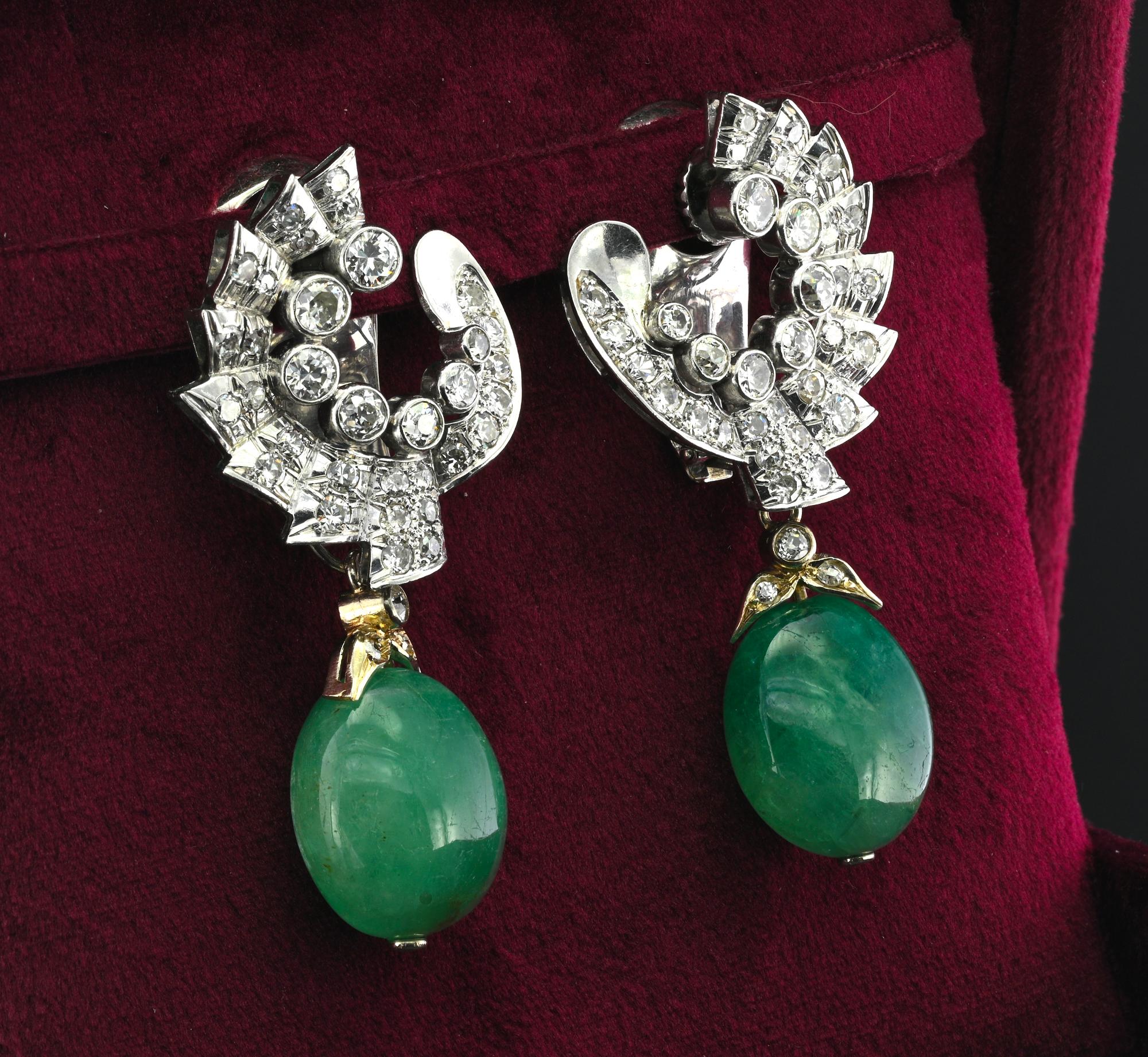 Art Deco Umberto Fontana 3.20 Ct Diamond 40.00 Ct Emerald Drop Earrings For Sale 2