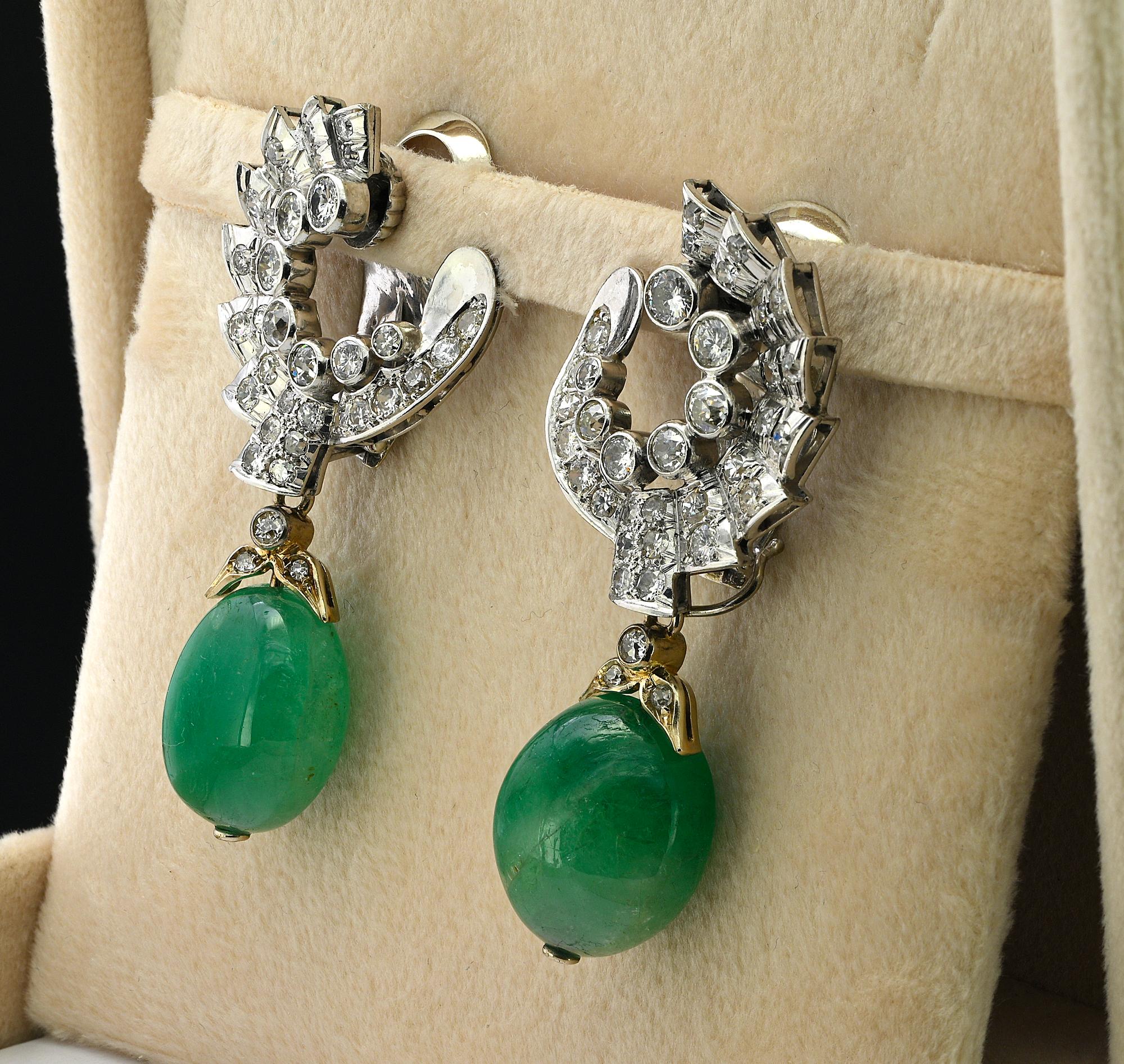 Art Deco Umberto Fontana 3.20 Ct Diamond 40.00 Ct Emerald Drop Earrings For Sale 3