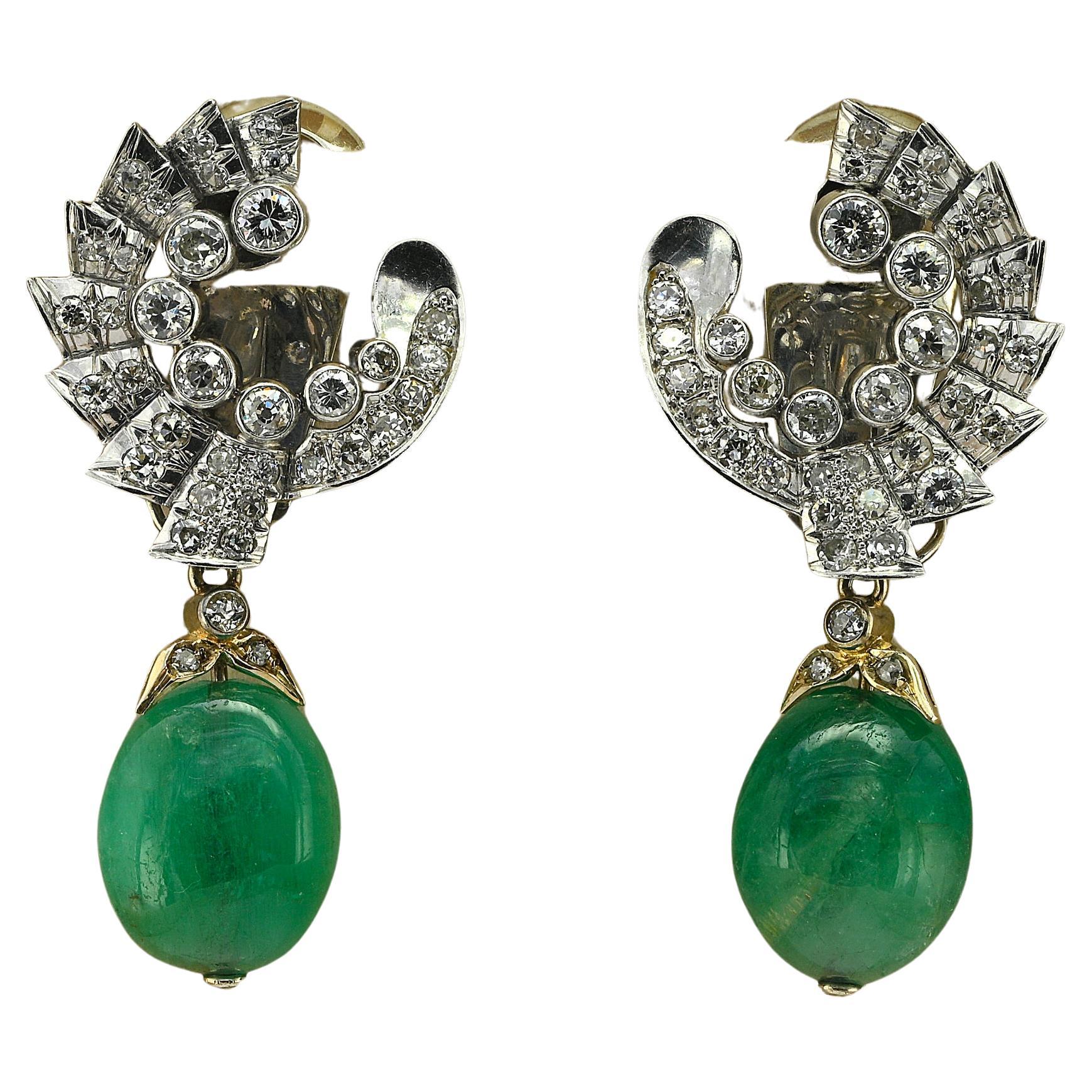 Art Deco Umberto Fontana 3.20 Ct Diamond 40.00 Ct Emerald Drop Earrings For Sale