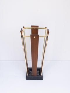 Art Deco Umbrella Stand - Wood & Brass Modernist Umbrella Stand - France 1940s