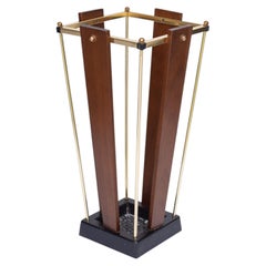 Art Deco Umbrella Stand - Wood & Brass Modernist Umbrella Stand - France 1940s