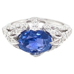 Art Deco Unheated 3 Carat Sapphire Diamond Gold Cocktail Ring