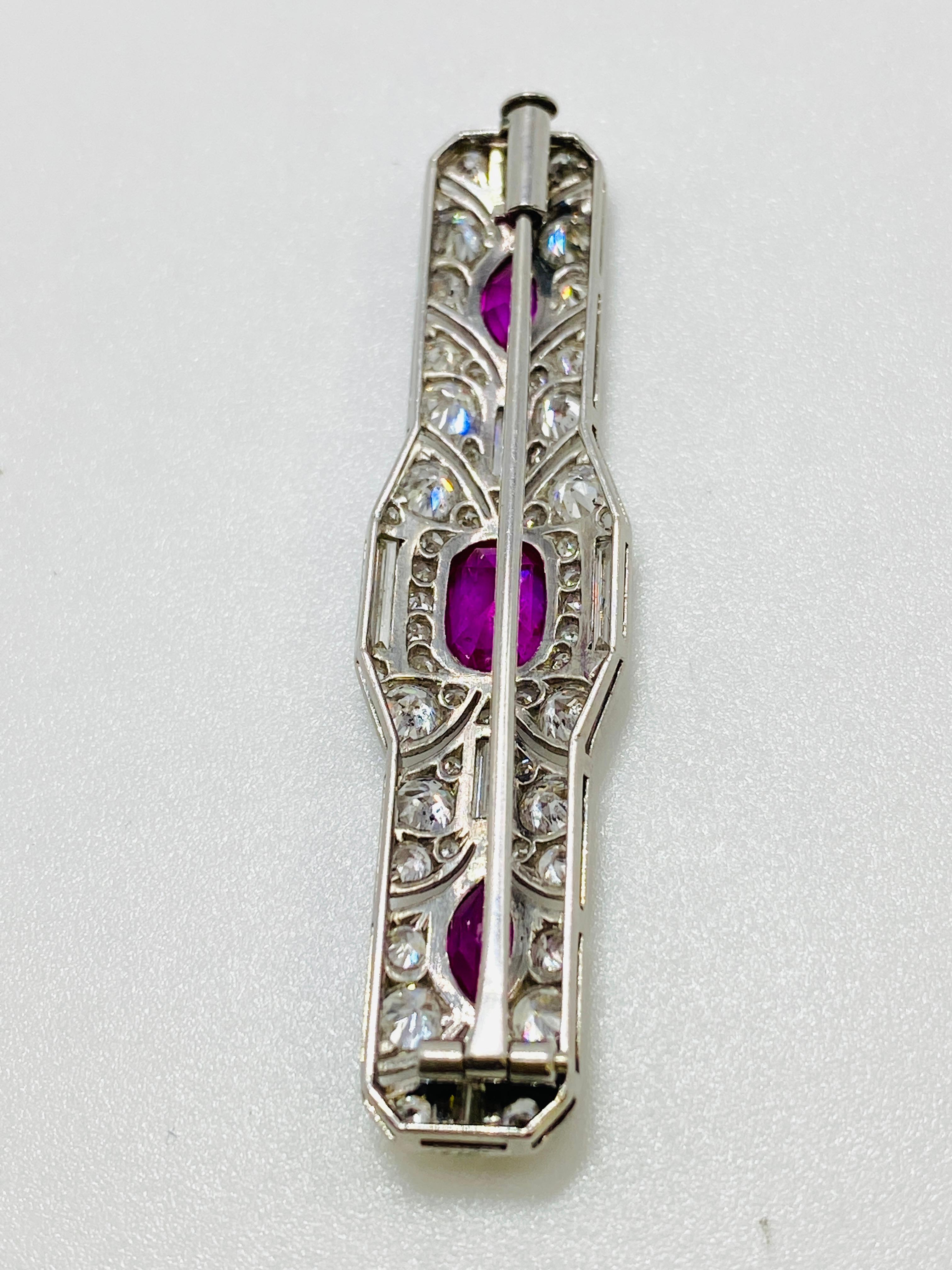 Art Deco Unheated Burmese Ruby and Diamond Brooch In Good Condition In DALLAS, TX