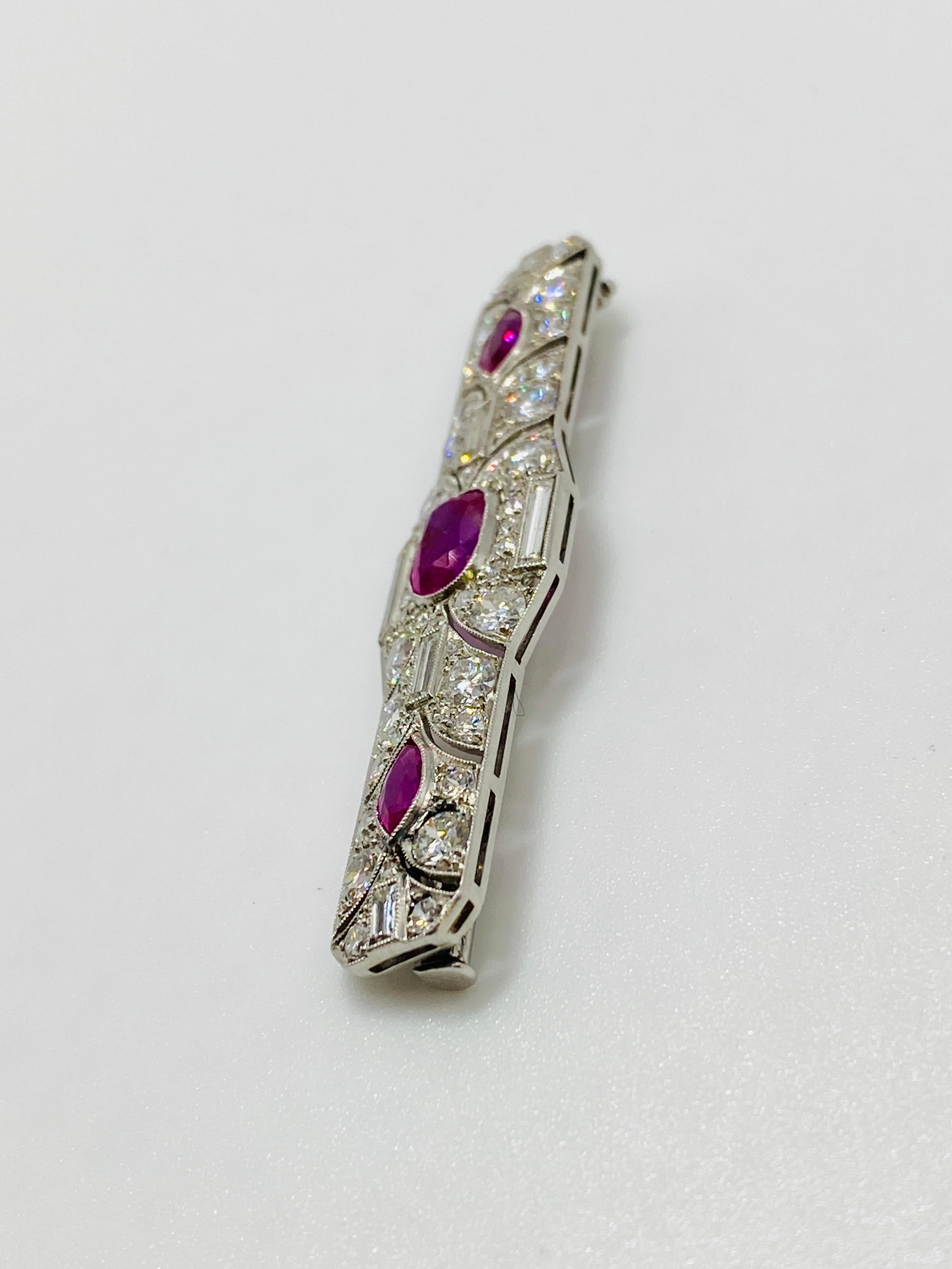 Women's or Men's Art Deco Unheated Burmese Ruby and Diamond Brooch