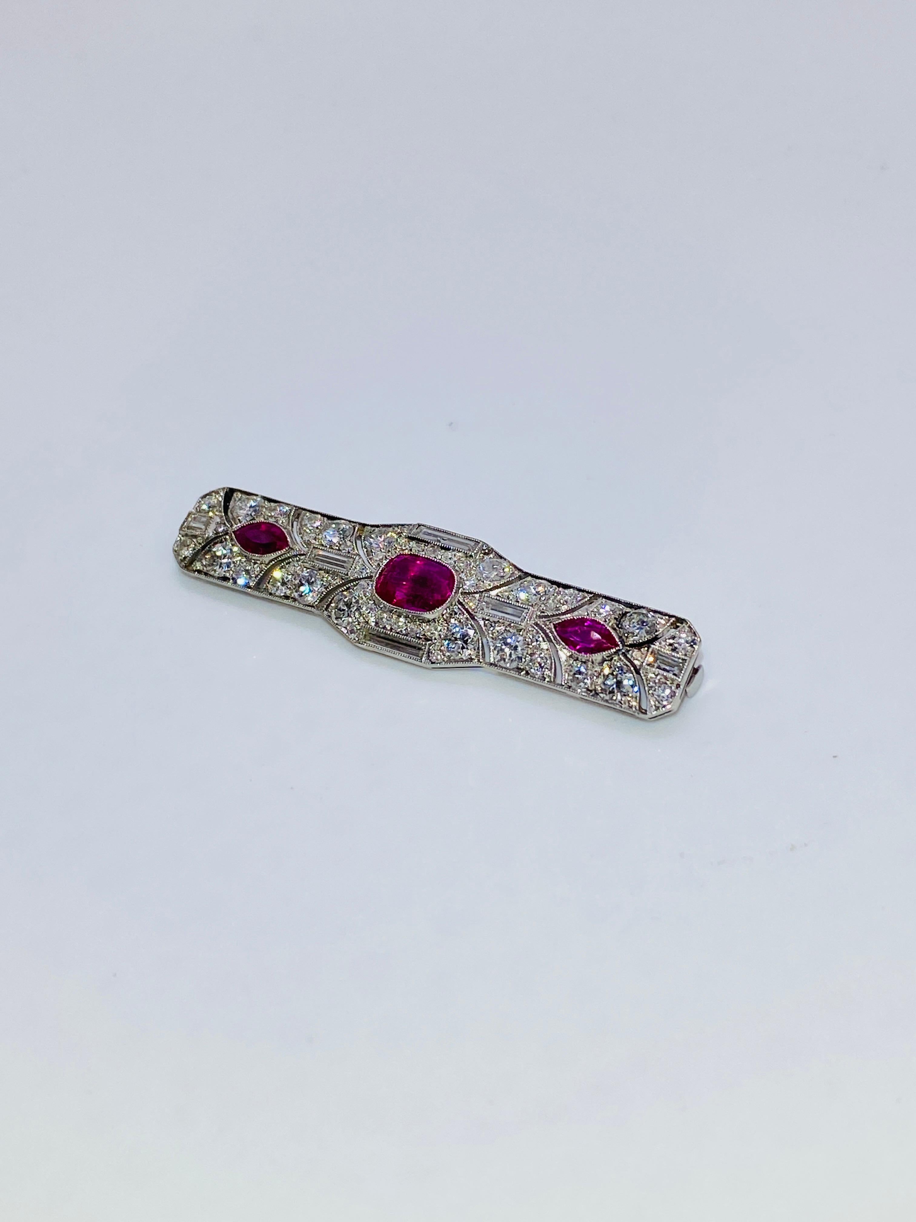 Art Deco Unheated Burmese Ruby and Diamond Brooch 1