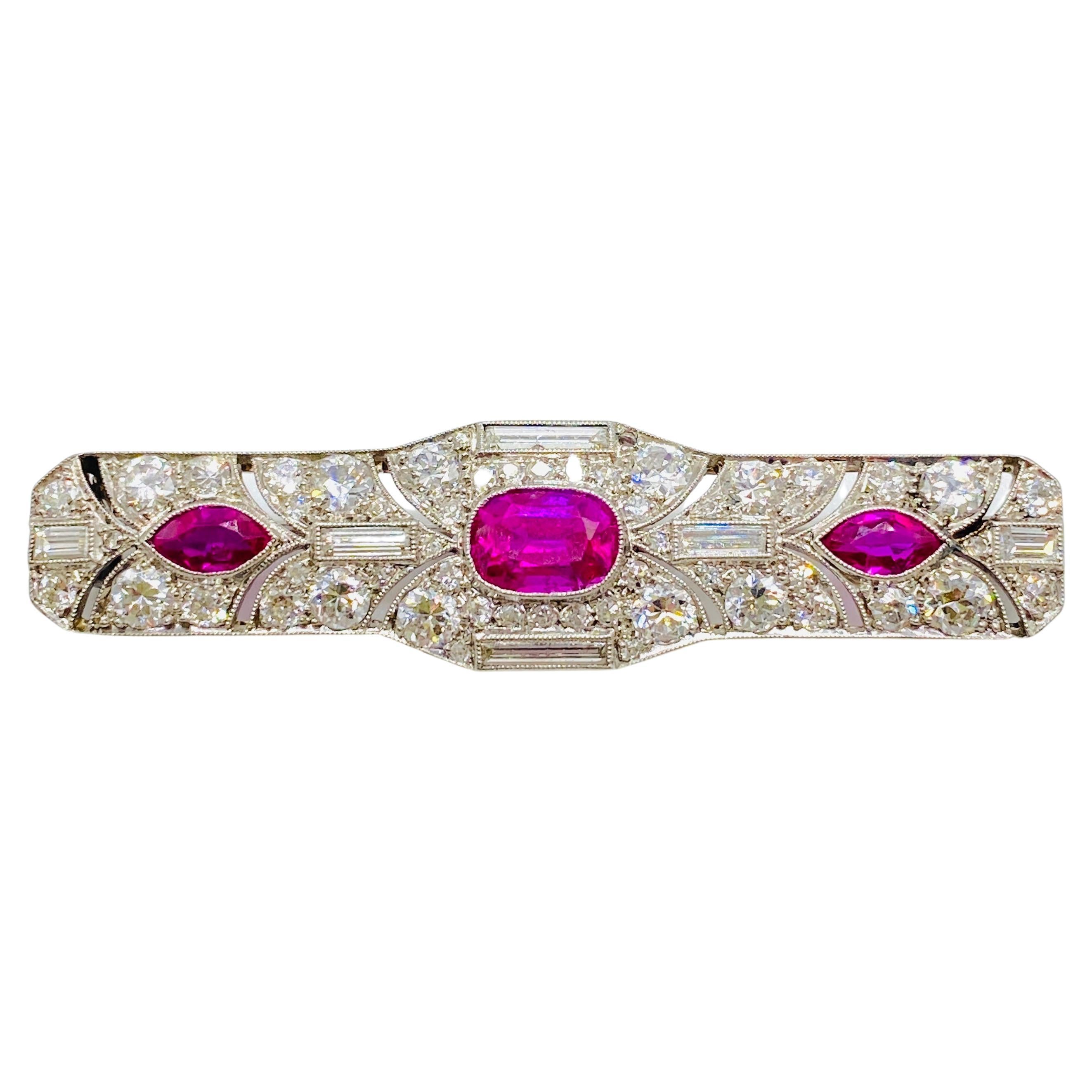 Art Deco Unheated Burmese Ruby and Diamond Brooch