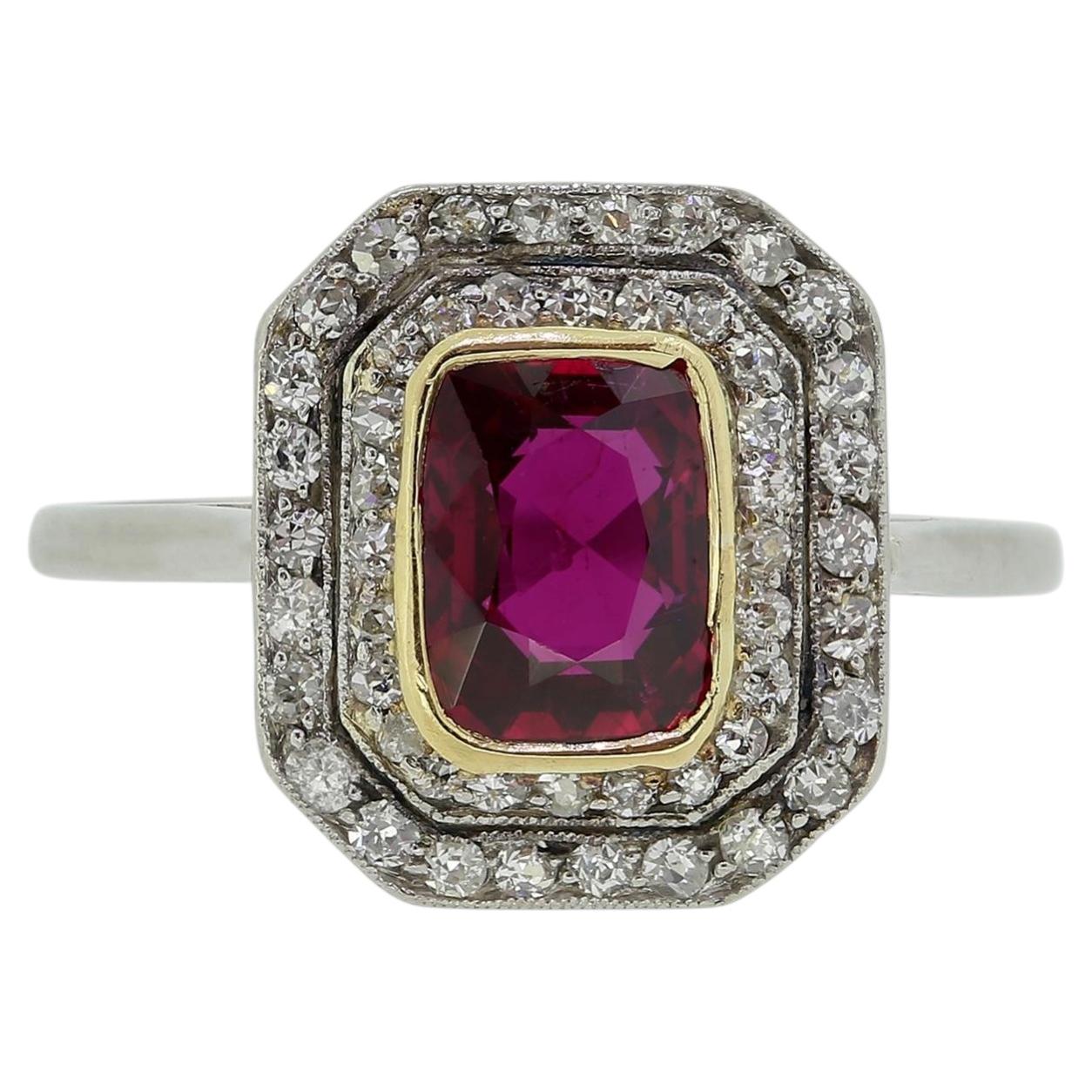 Art Deco Unheated Ruby and Diamond Cluster Ring For Sale