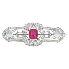 Art Deco Unheated Ruby and Moonstone Brooch