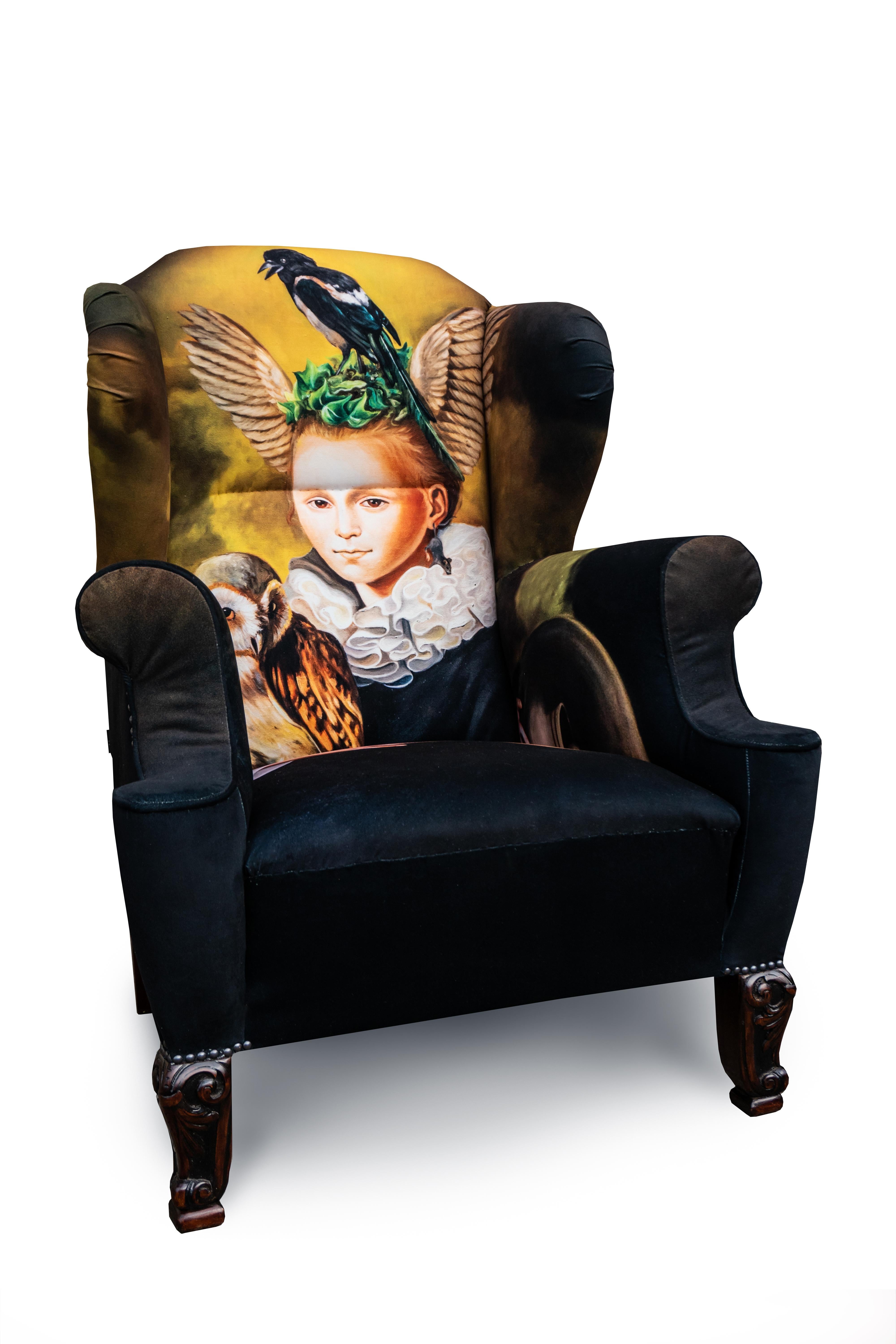 This unbelievable beautiful, eye-catching, renewed armchair is from around the end of 1800s and the beginning of the 1900s. The beautiful shape of the furniture is shows the wiener barock signs. Upholstered with Naomi Devil's validated European