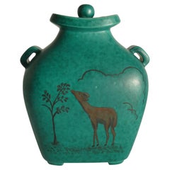 Vaso con coperchio verde in stile Art Deco di Wilhelm Kåge, Gustavsberg, 1956