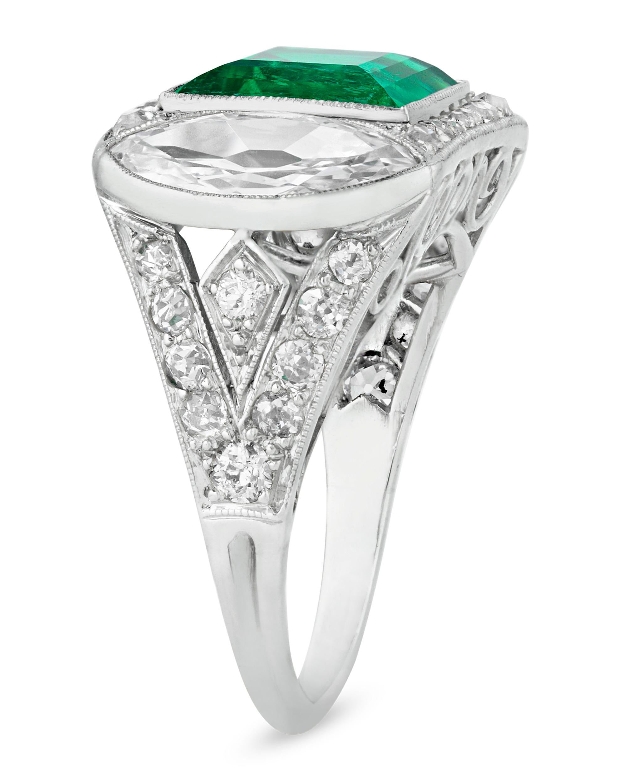Square Cut Art Deco Untreated Colombian Emerald Ring, 2.89 Carats For Sale