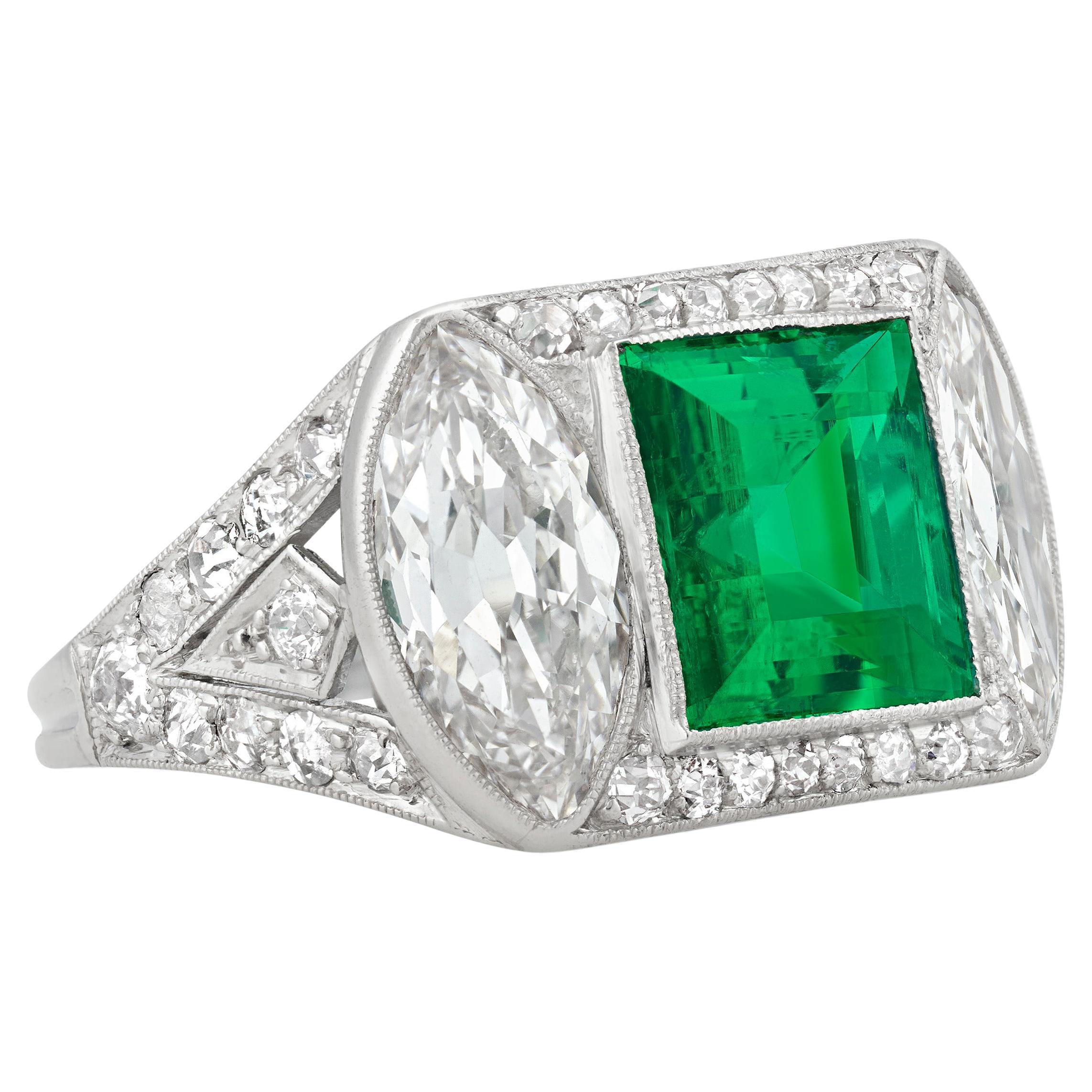 Art Deco Untreated Colombian Emerald Ring, 2.89 Carats For Sale