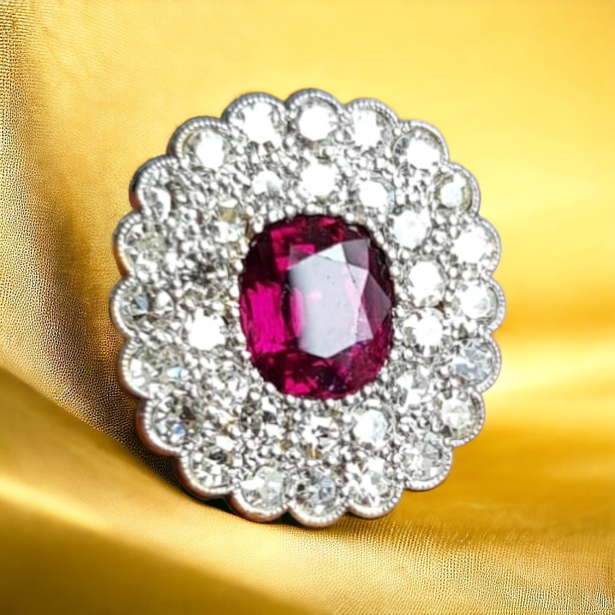 Art Deco Art-Deco Untreated, Unheated 2.10 carats Ruby and Diamond Cluster Ring For Sale