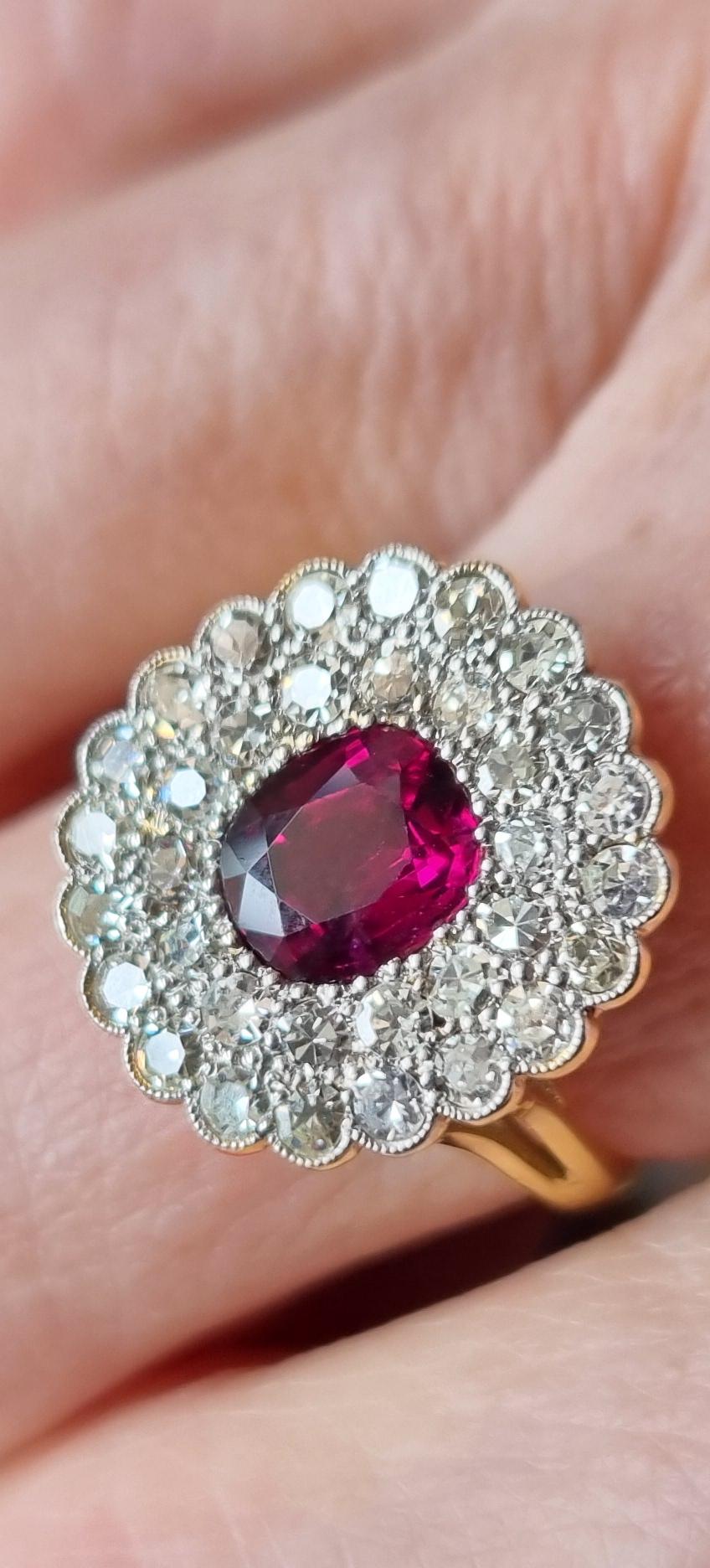 Cushion Cut Art-Deco Untreated, Unheated 2.10 carats Ruby and Diamond Cluster Ring For Sale