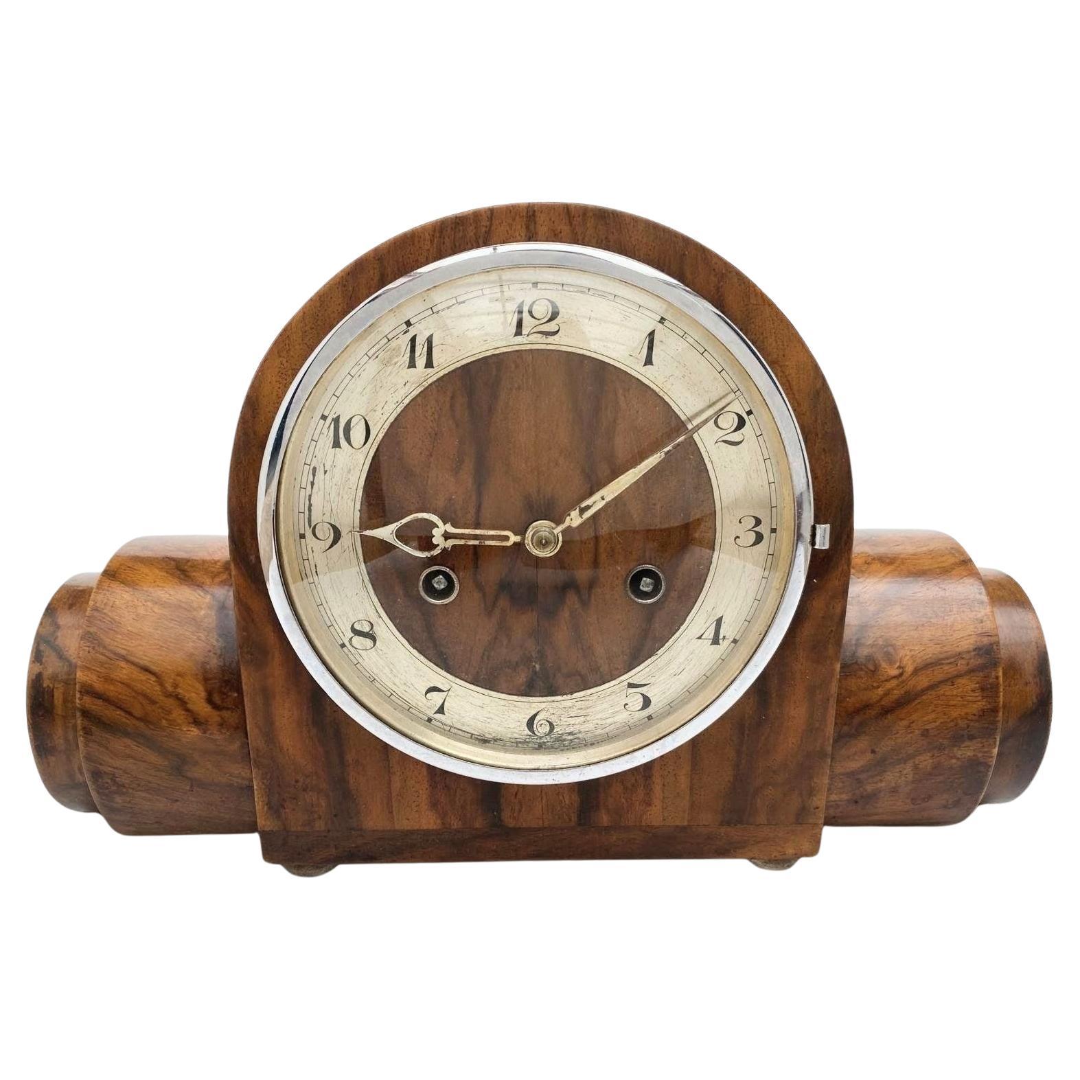 Art Deco Unusual 8 Day Striking Walnut  Mantle Clock, English, c1930