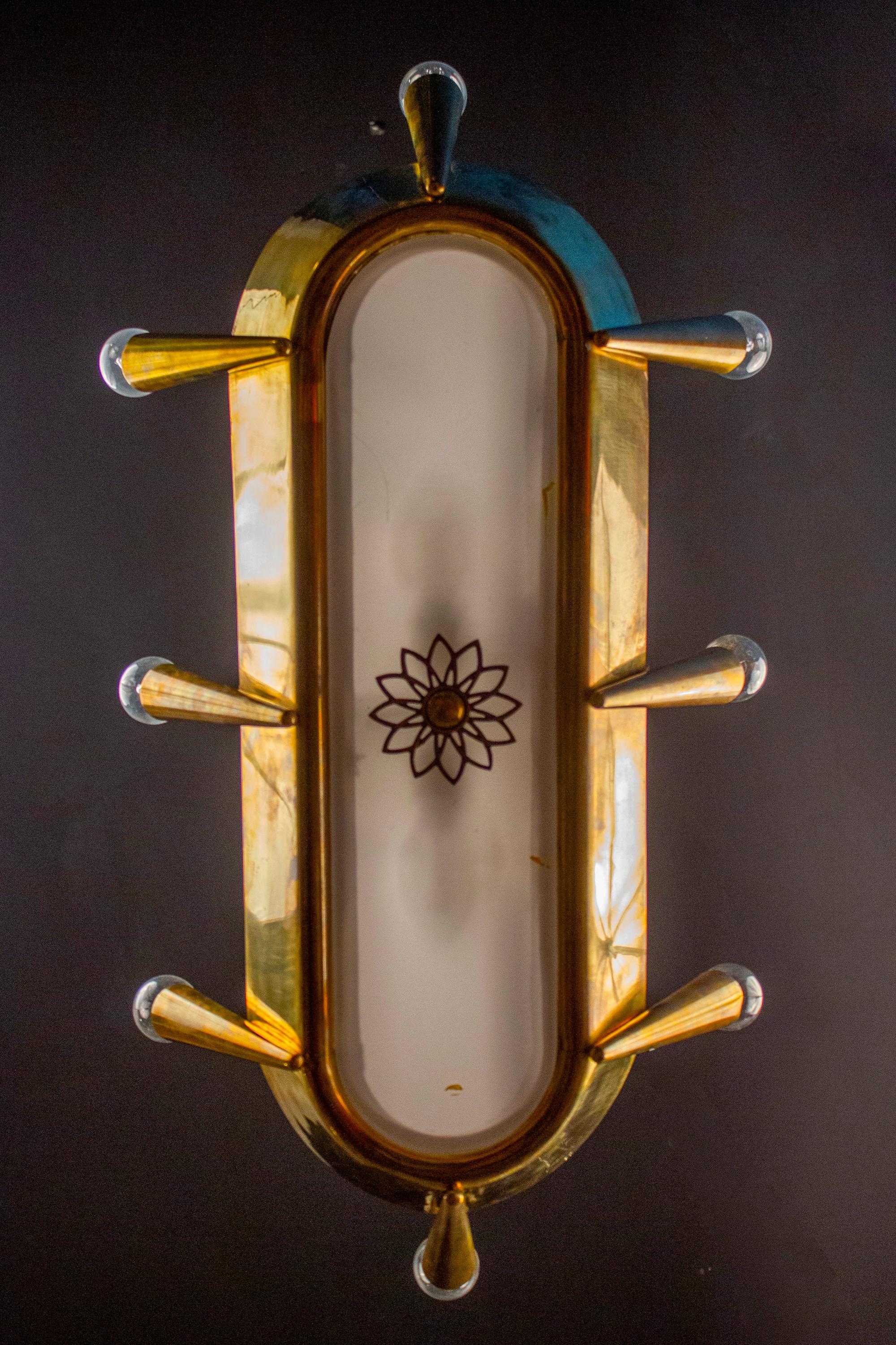 Art Deco Unusual Bronze and Opaline Glass Chandelier Italy 1930' For Sale 5