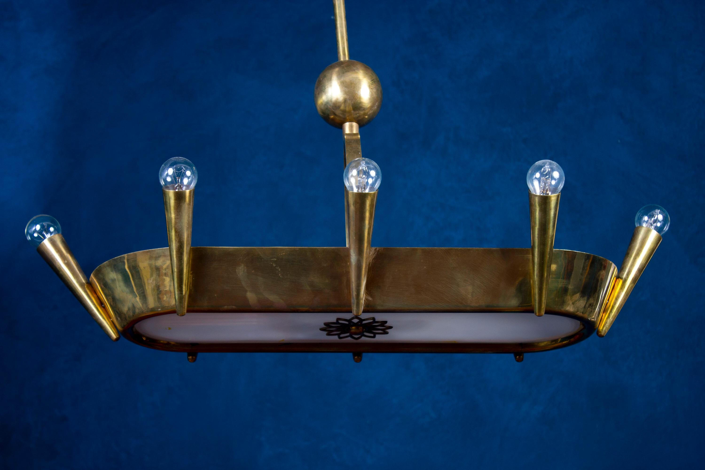 Brass Art Deco Unusual Bronze and Opaline Glass Chandelier Italy 1930' For Sale