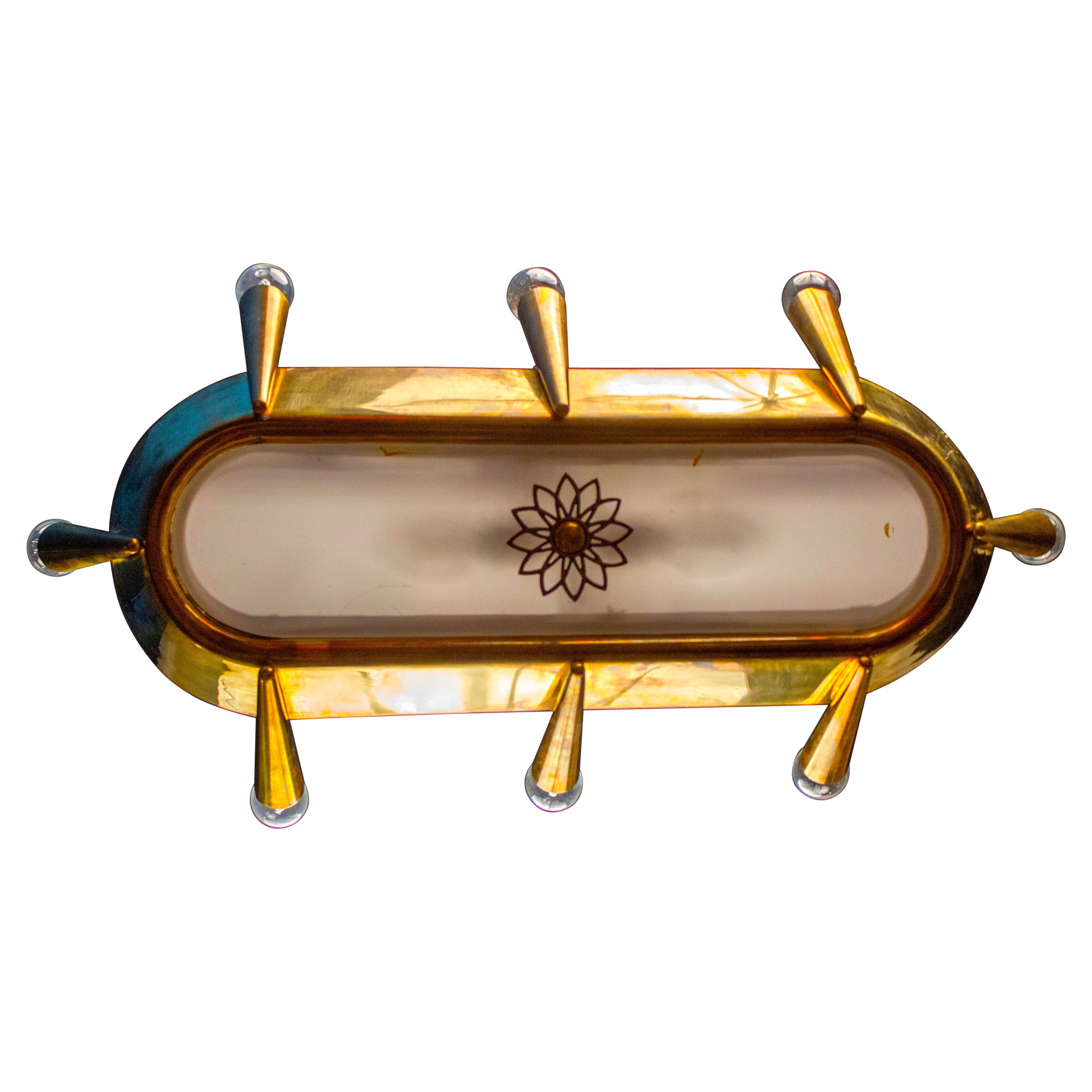 Art Deco Unusual Bronze and Opaline Glass Chandelier Italy 1930
