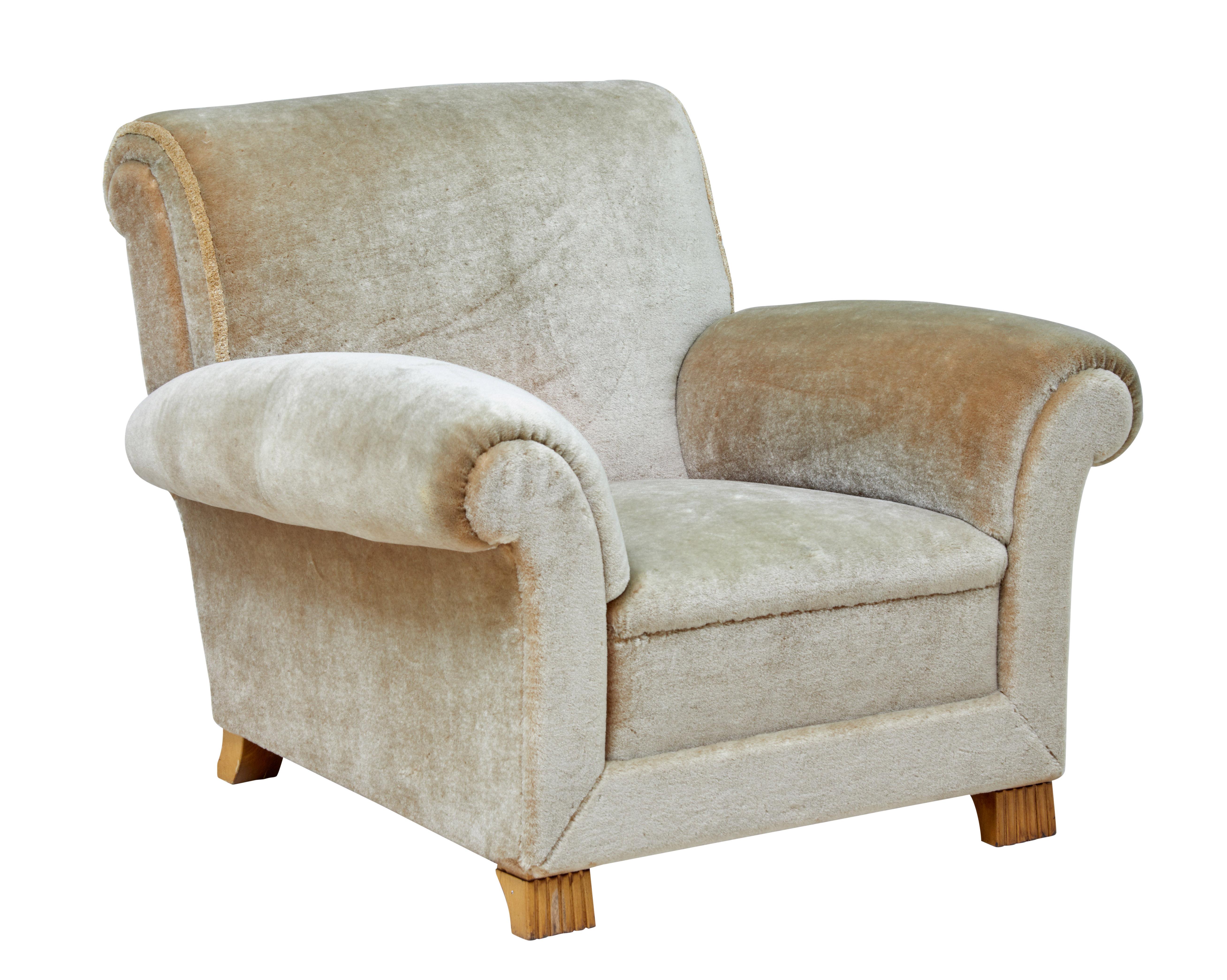 Beech Art Deco Upholstered Armchair and Sofa