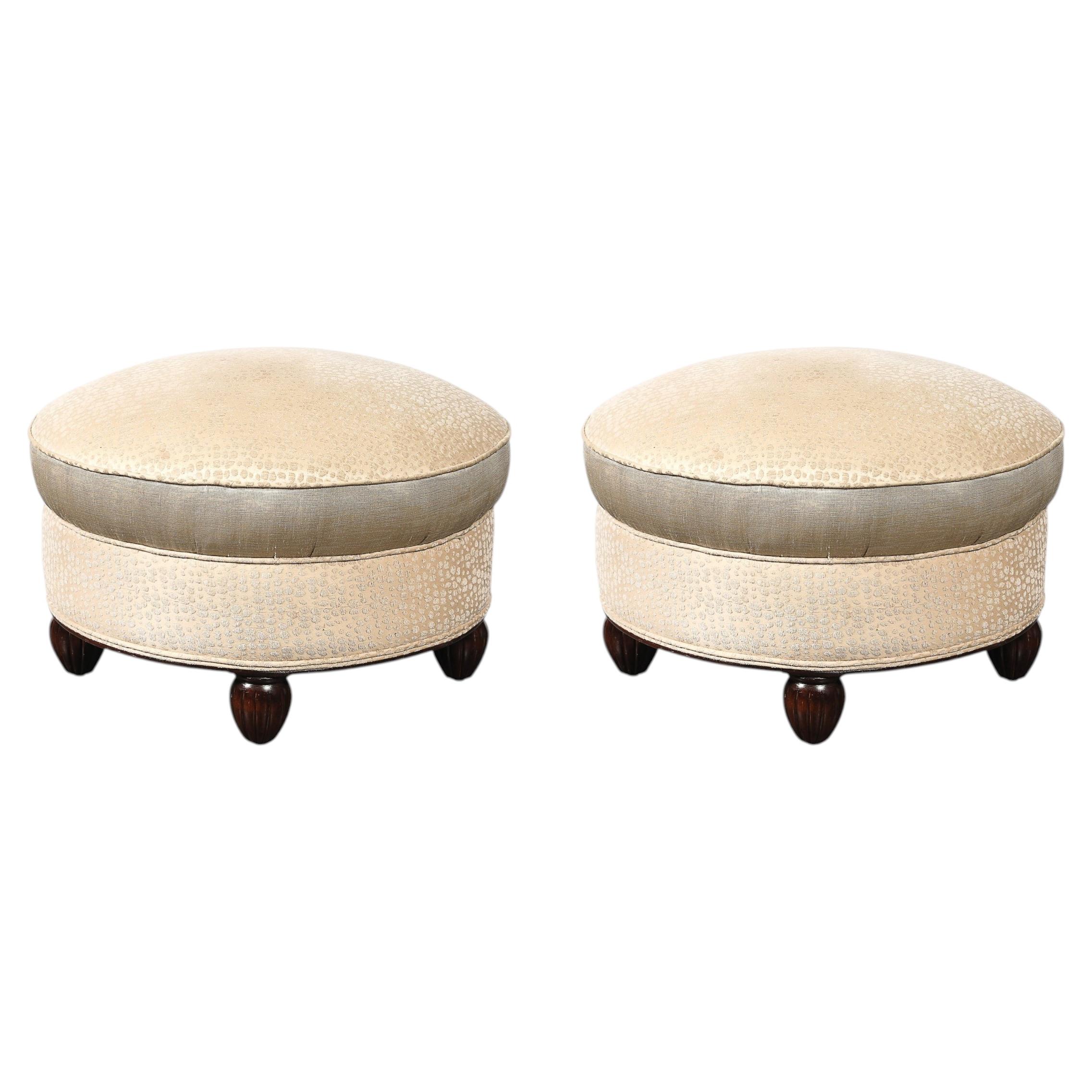 Art Deco Upholstered Ottomans with Walnut Reeded Supports Manner of Ruhlmann