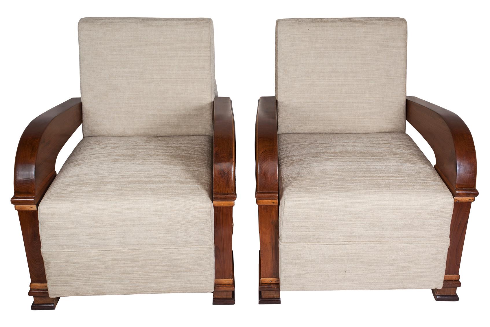 European Art Deco Upholstered Teak Living Room Set Comprised of Loveseat & Pair of Chairs
