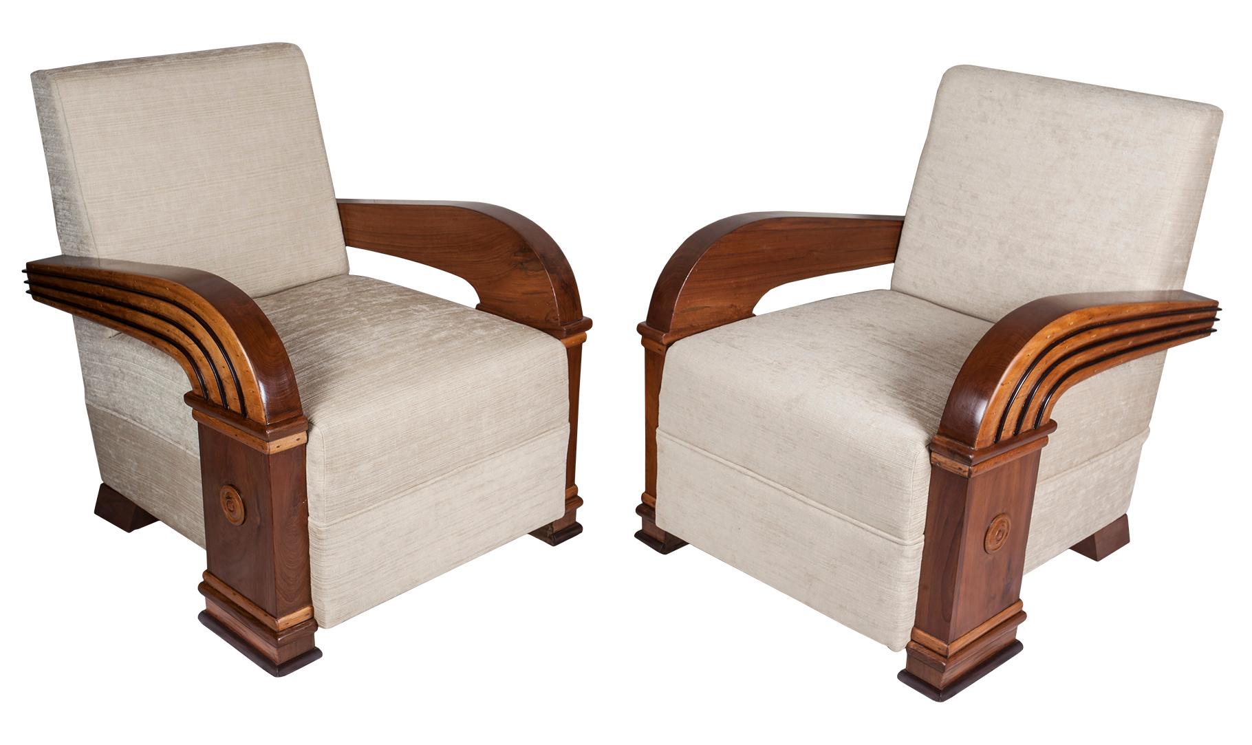 Art Deco Upholstered Teak Living Room Set Comprised of Loveseat & Pair of Chairs In Good Condition In Nantucket, MA