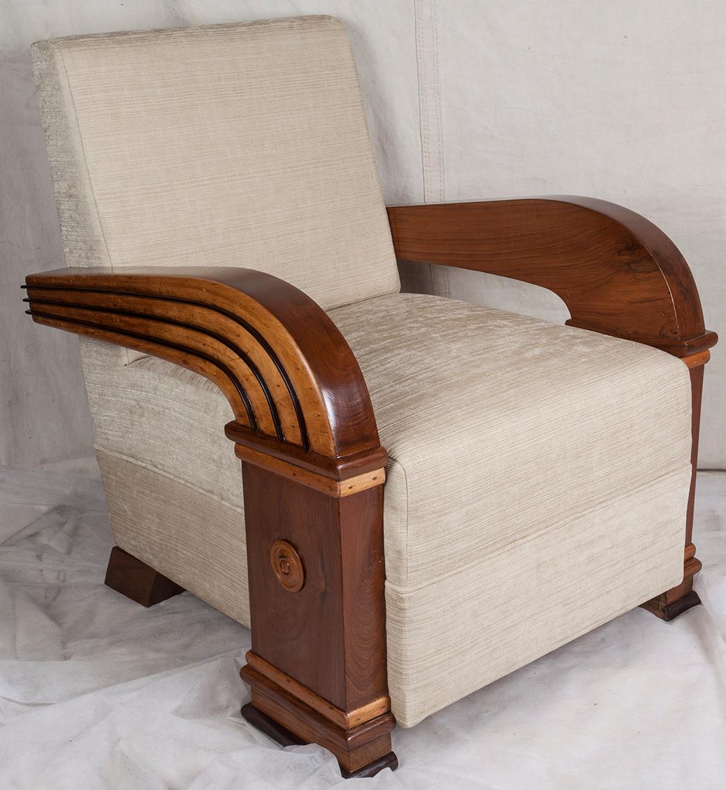 20th Century Art Deco Upholstered Teak Living Room Set Comprised of Loveseat & Pair of Chairs