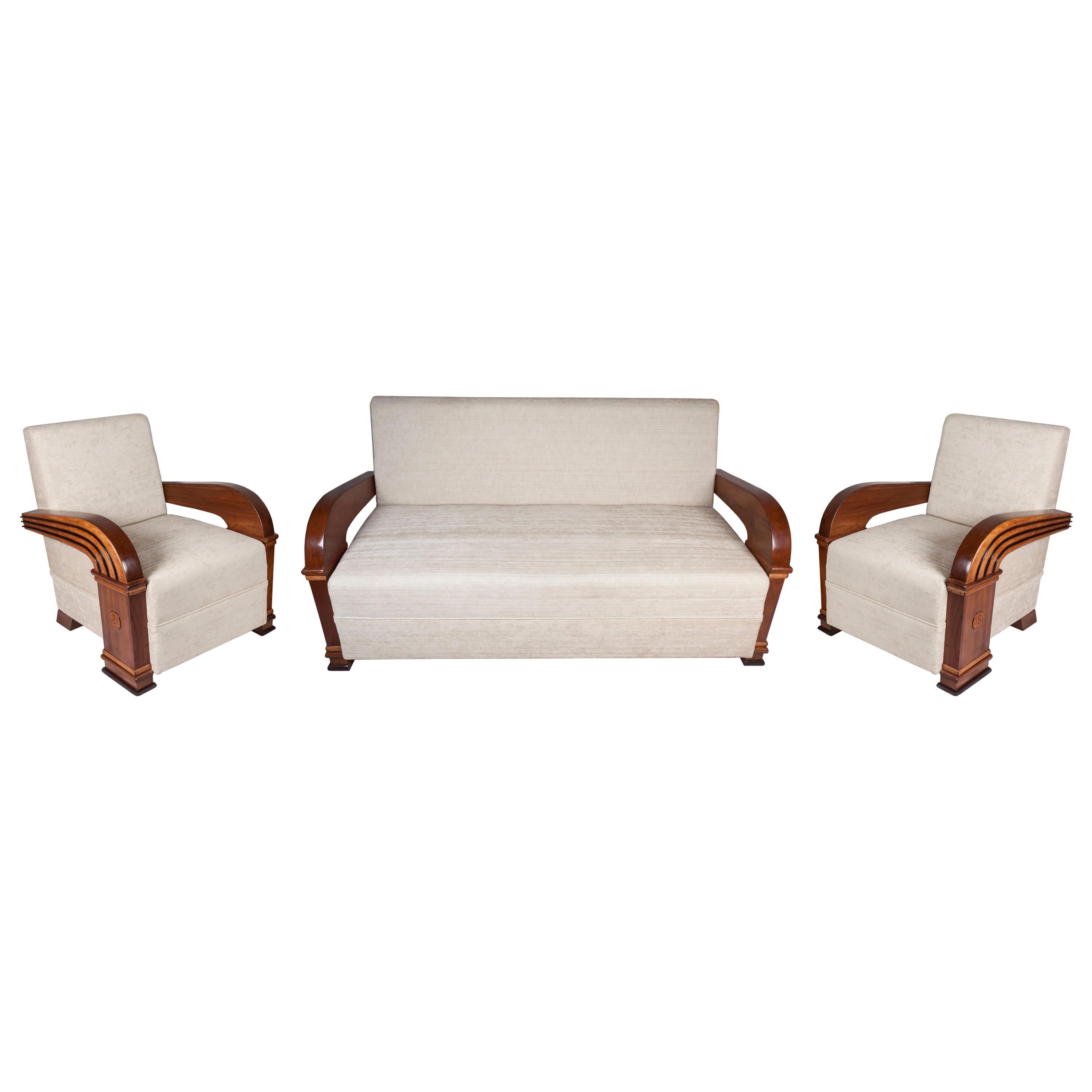 Art Deco Upholstered Teak Living Room Set Comprised of Loveseat & Pair of Chairs