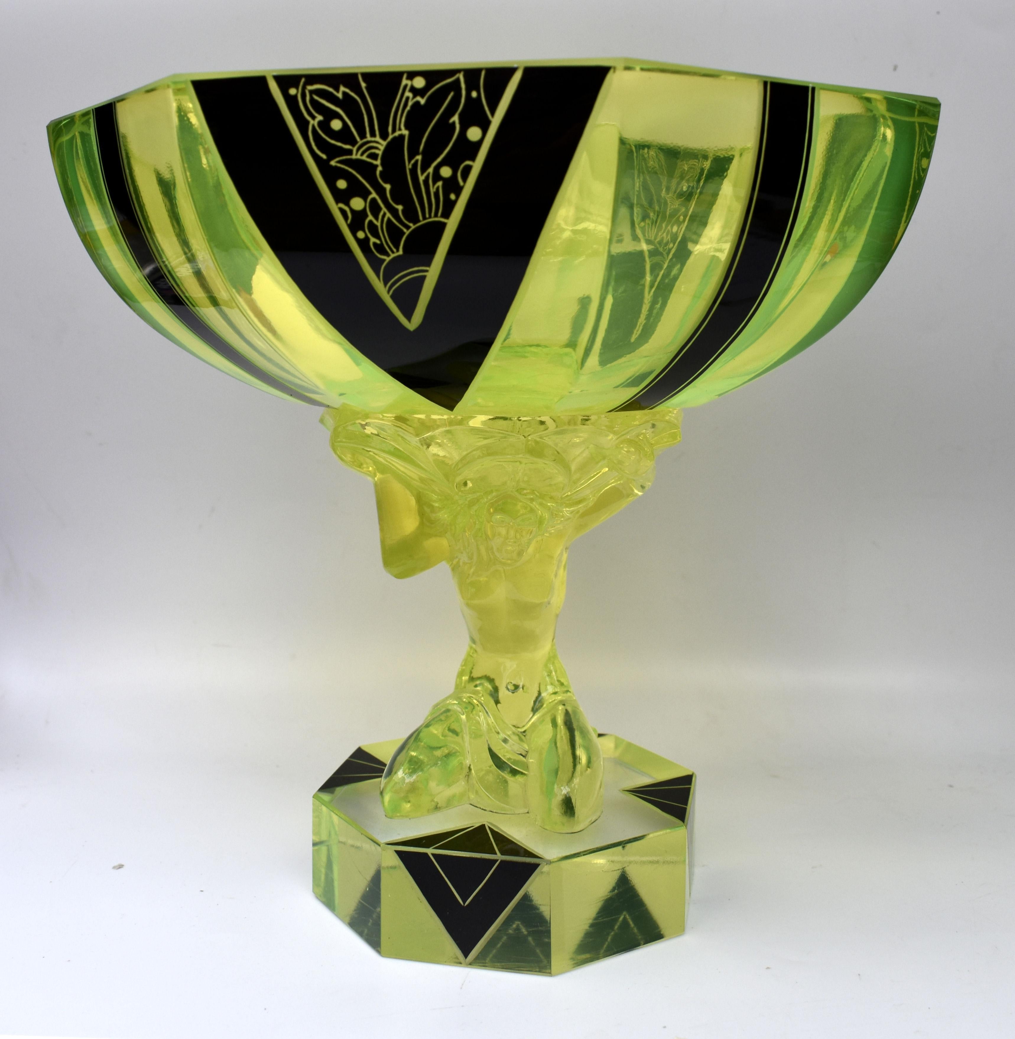 This is without doubt one of our all time favourite Art Deco comports. Originating from Czech republic and made by Karl Palda this comport packs two punches, not only visually with it's very distinctive green / yellow colouring and jet black enamel