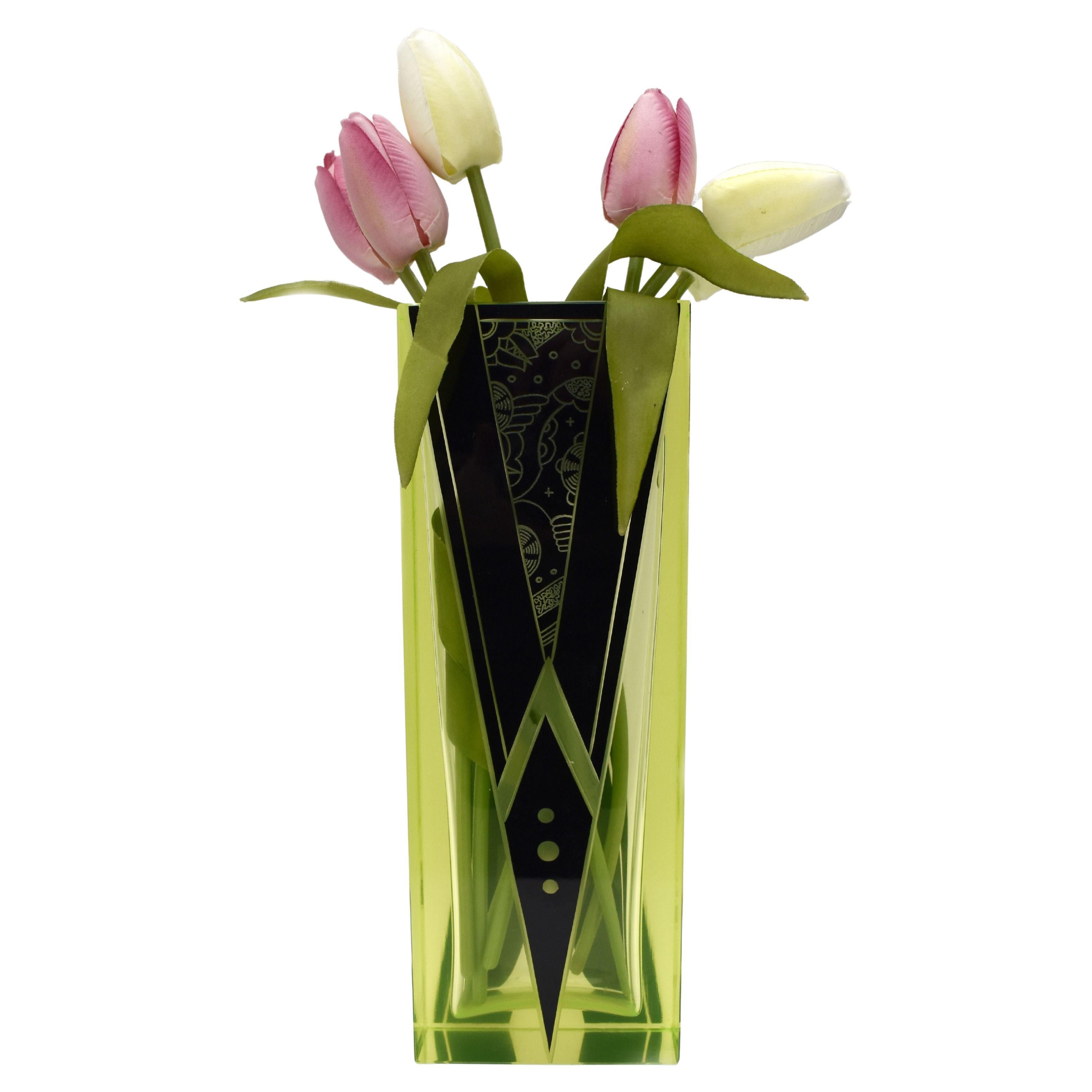 Art Deco Uranium Glass & Enamel Vase by Karl Palda, C1930 For Sale