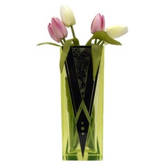 Used Art Deco Uranium Glass & Enamel Vase by Karl Palda, C1930