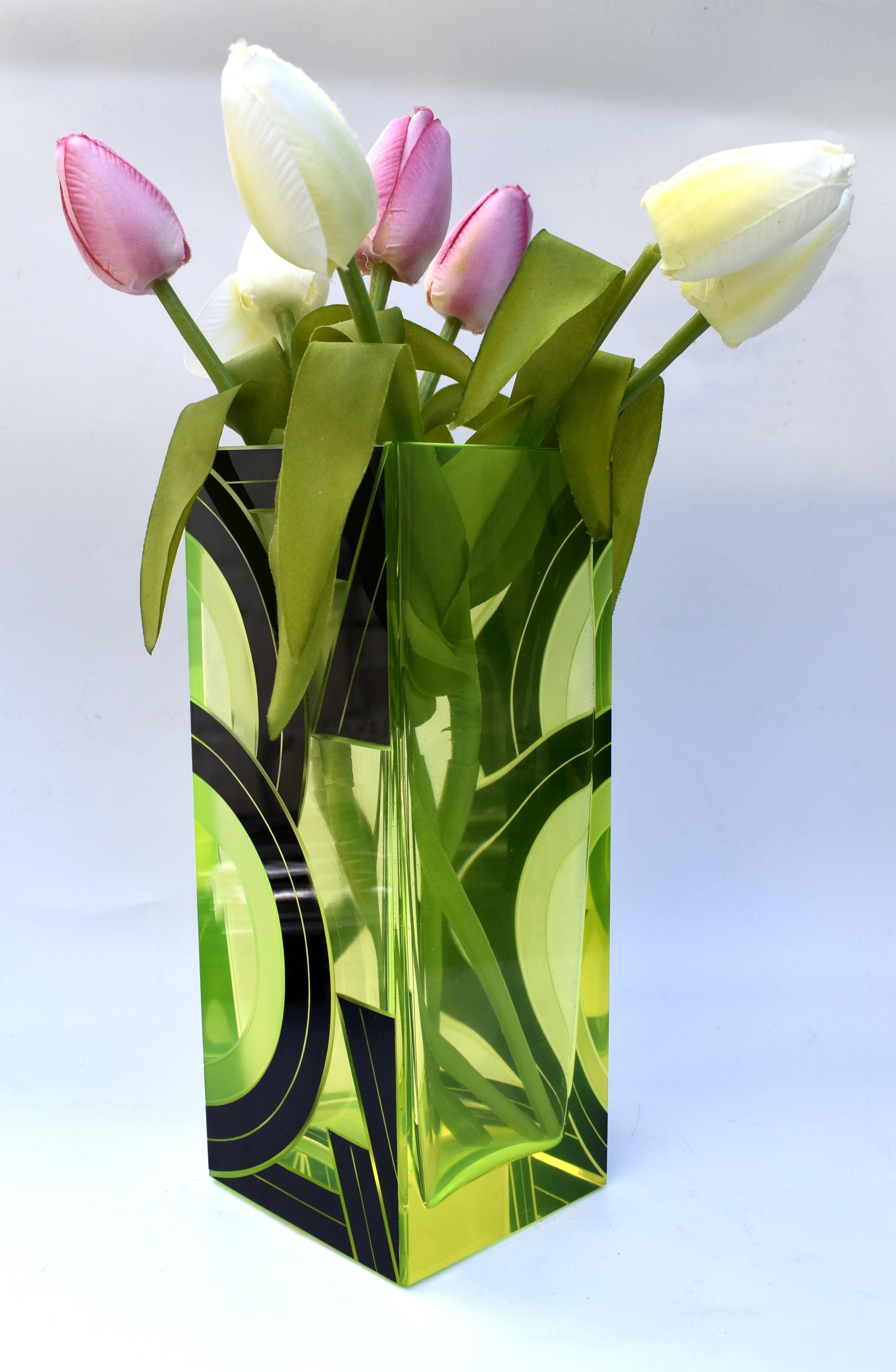 Czech Art Deco Uranium Glass & Etched Enamel Vase, c1930