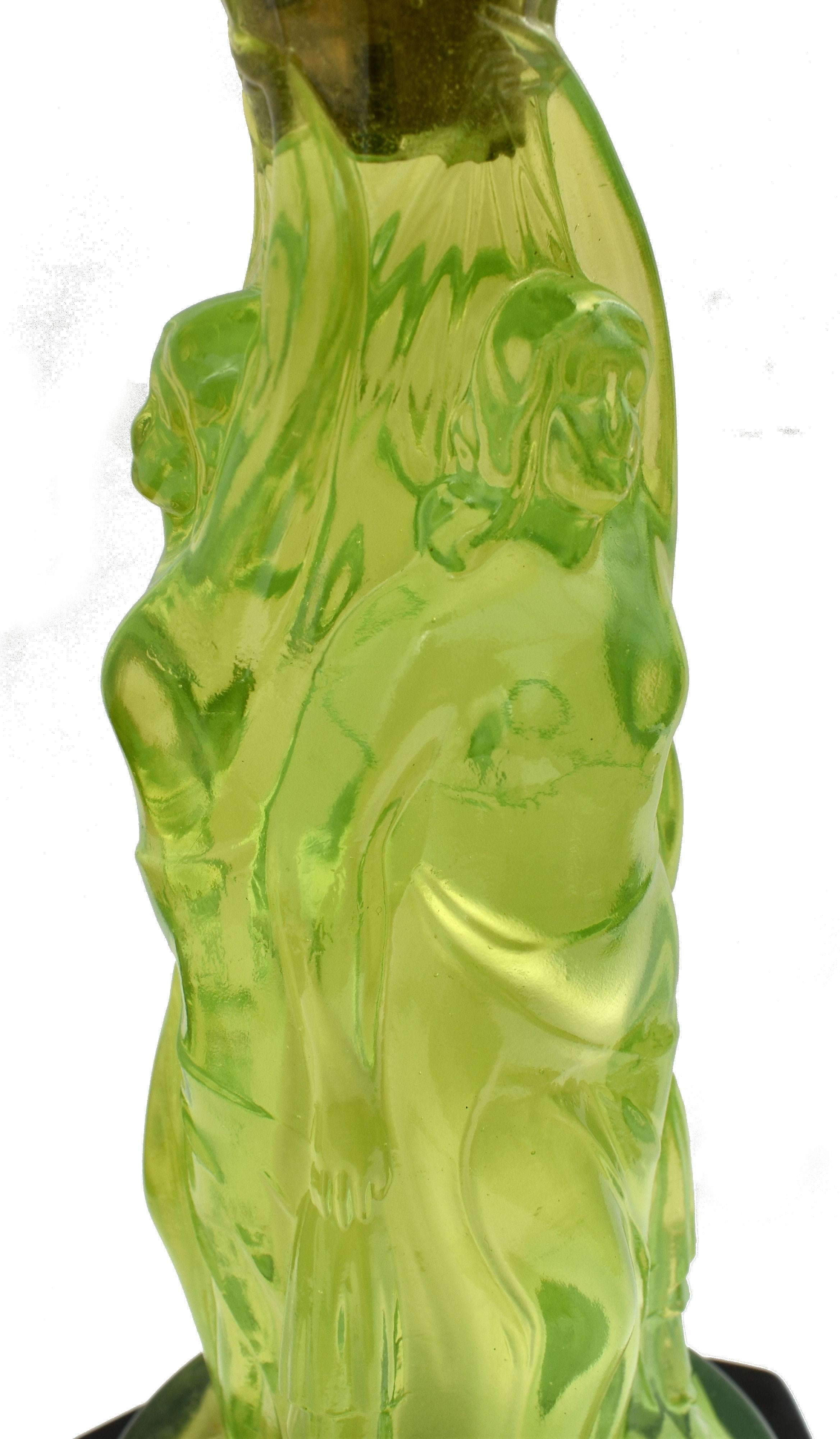 Czech Art Deco Uranium Glass Figural Comport Centrepiece, c1930