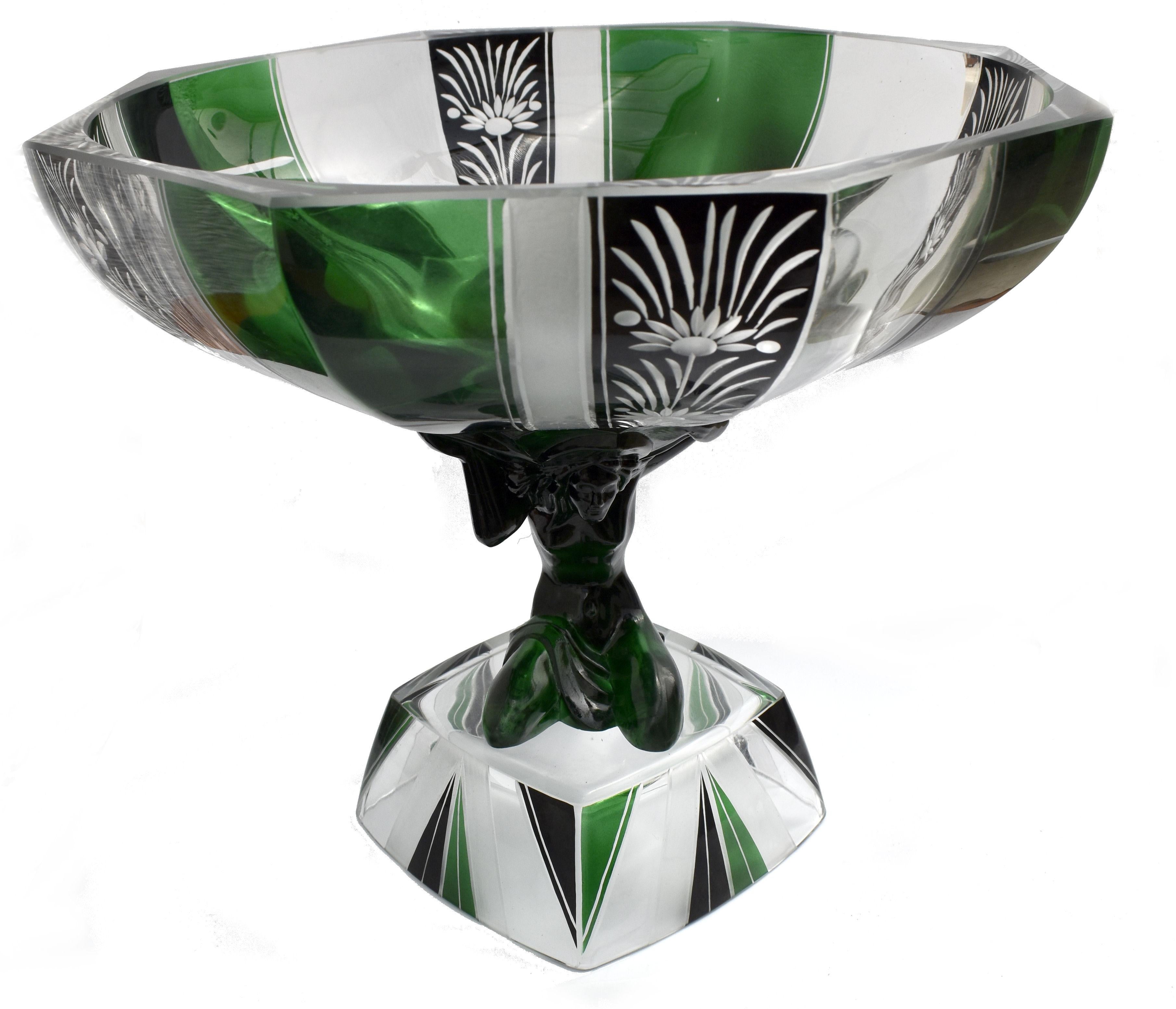 Czech Art Deco Uranium Glass Figural Comport Centrepiece, C1930 For Sale