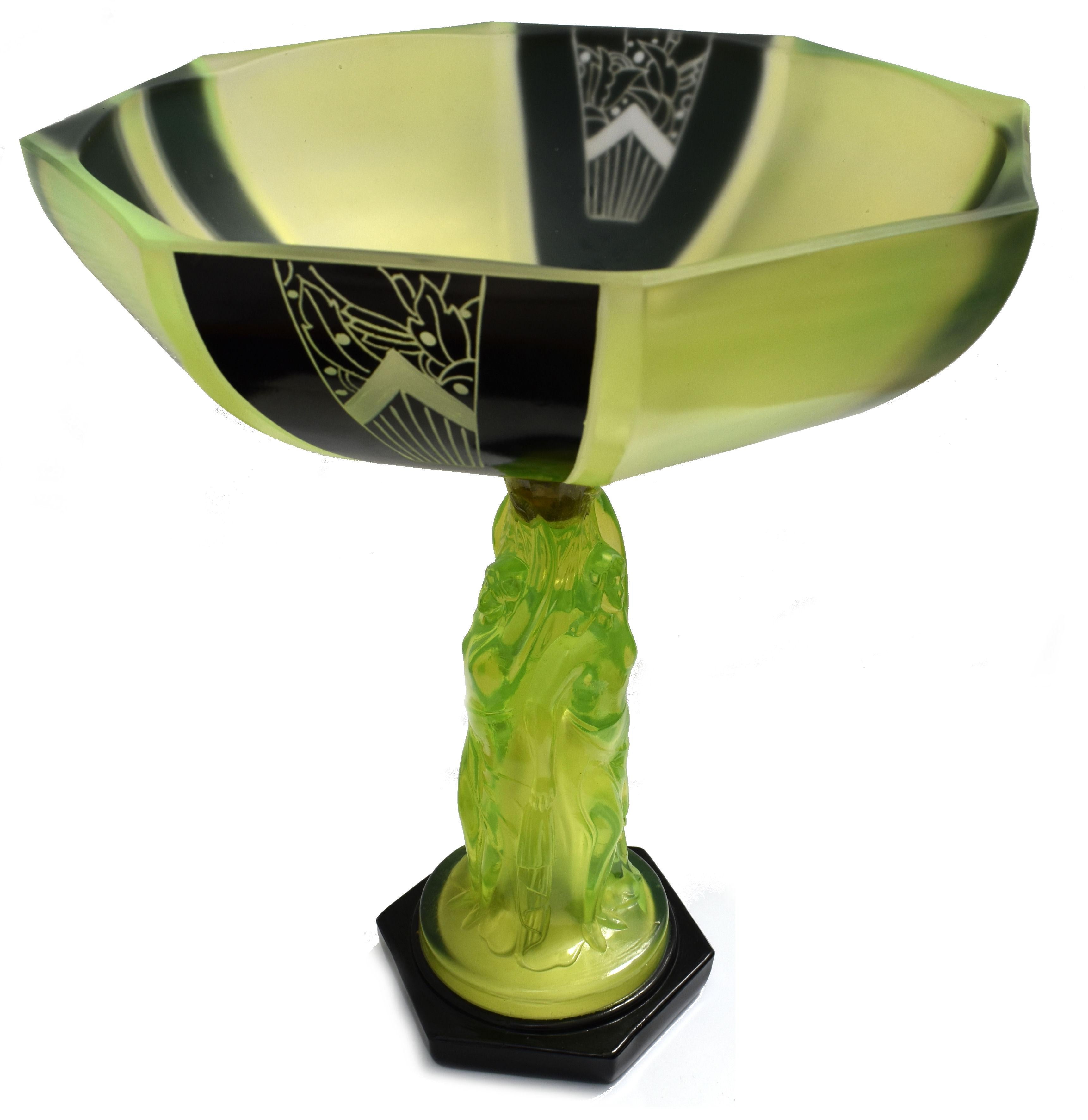 Art Deco Uranium Glass Figural Comport Centrepiece, c1930 1