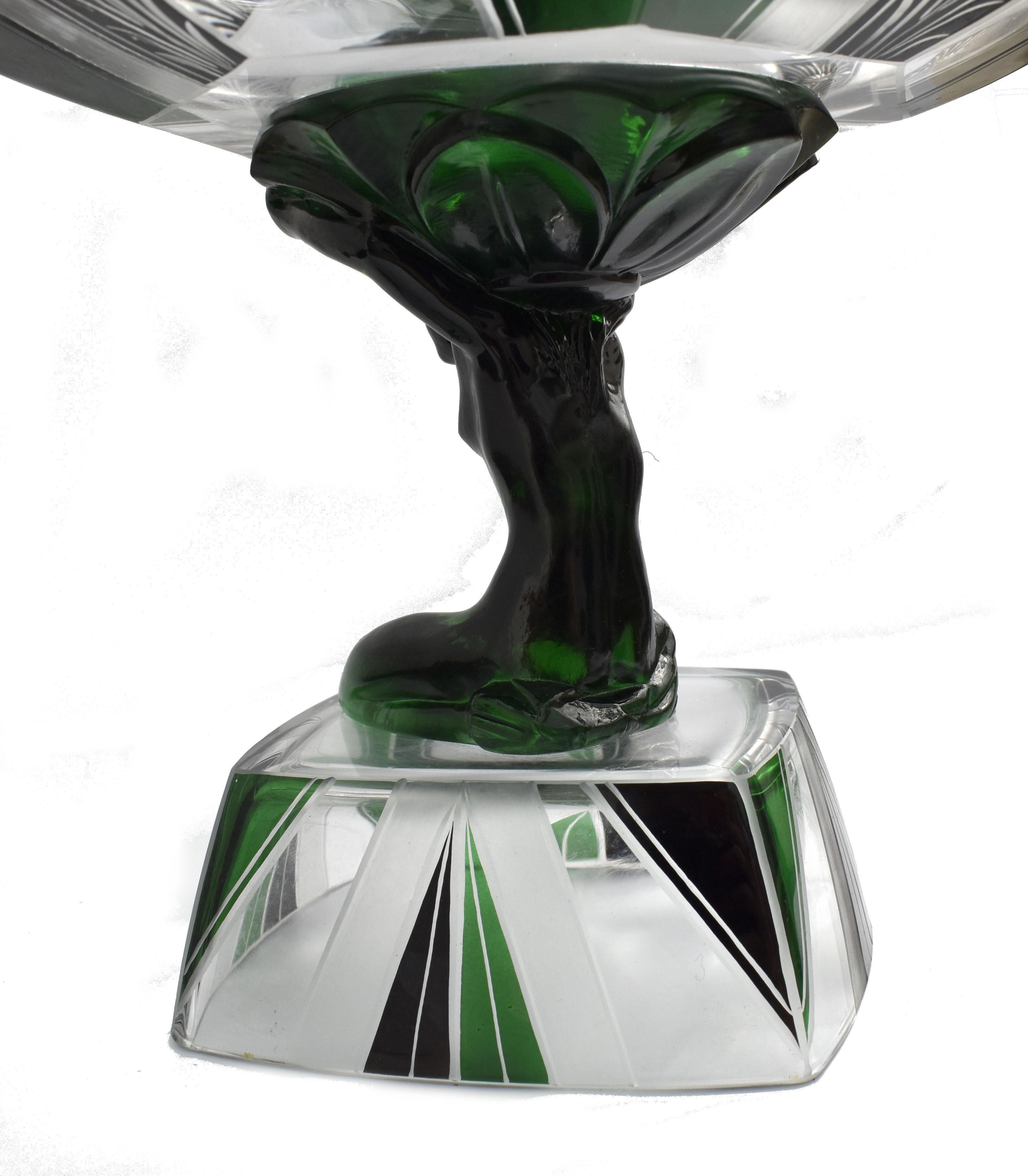 20th Century Art Deco Uranium Glass Figural Comport Centrepiece, C1930 For Sale
