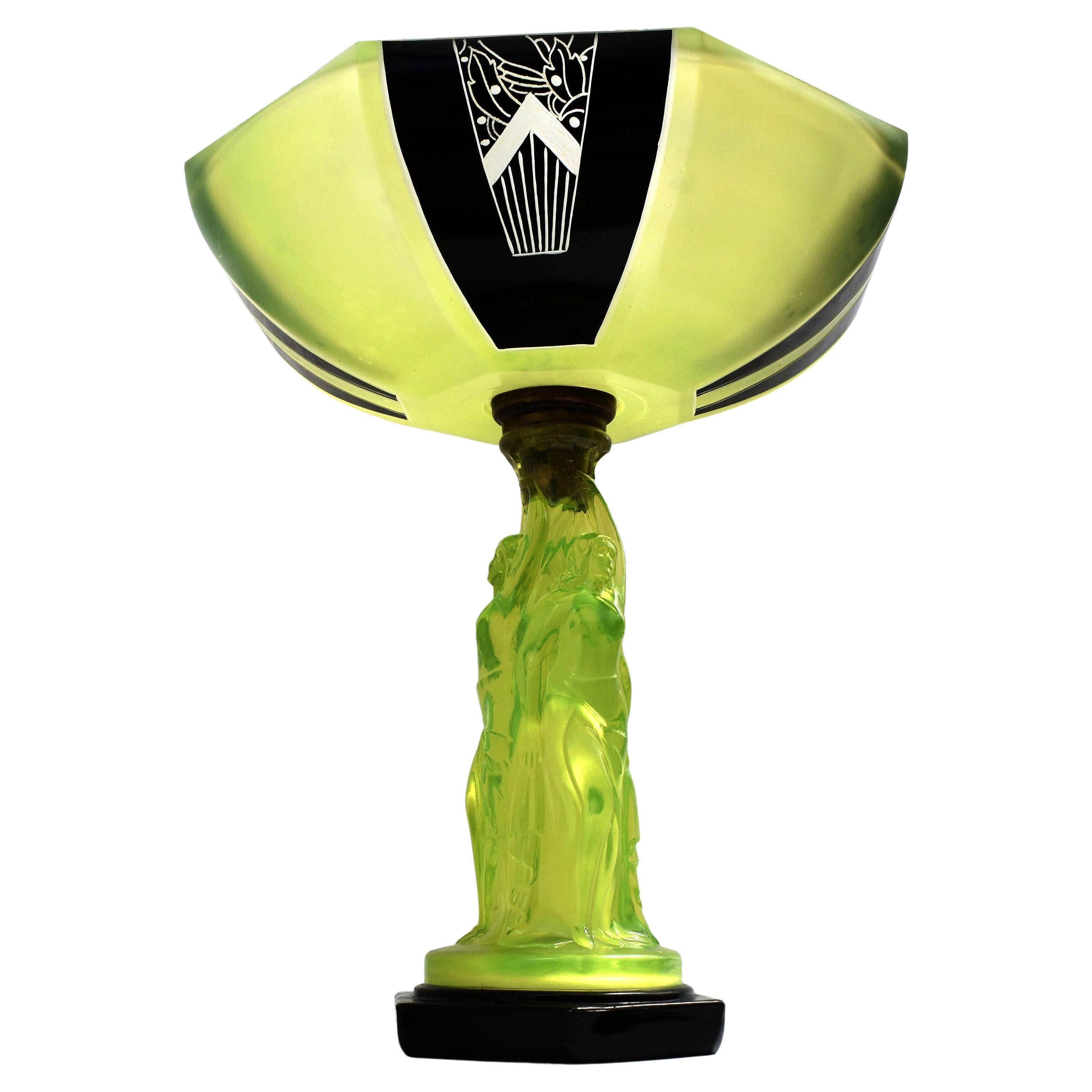 Art Deco Uranium Glass Figural Comport Centrepiece, c1930