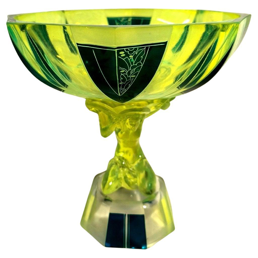 Art Deco Uranium Glass Figural Comport Centrepiece, c1930 For Sale