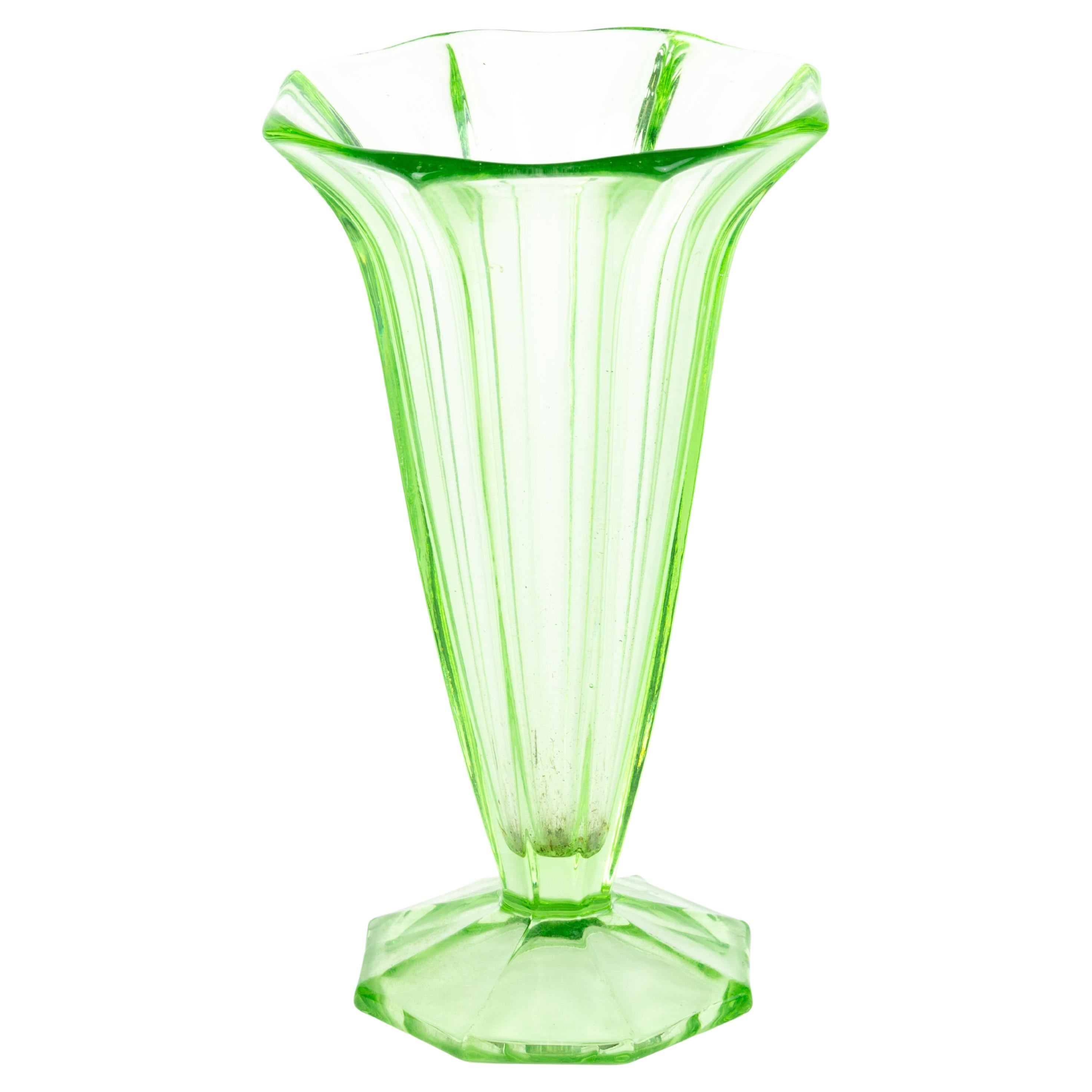 Art Deco Uranium Glass Fluted Centerpiece Vase 1930s For Sale