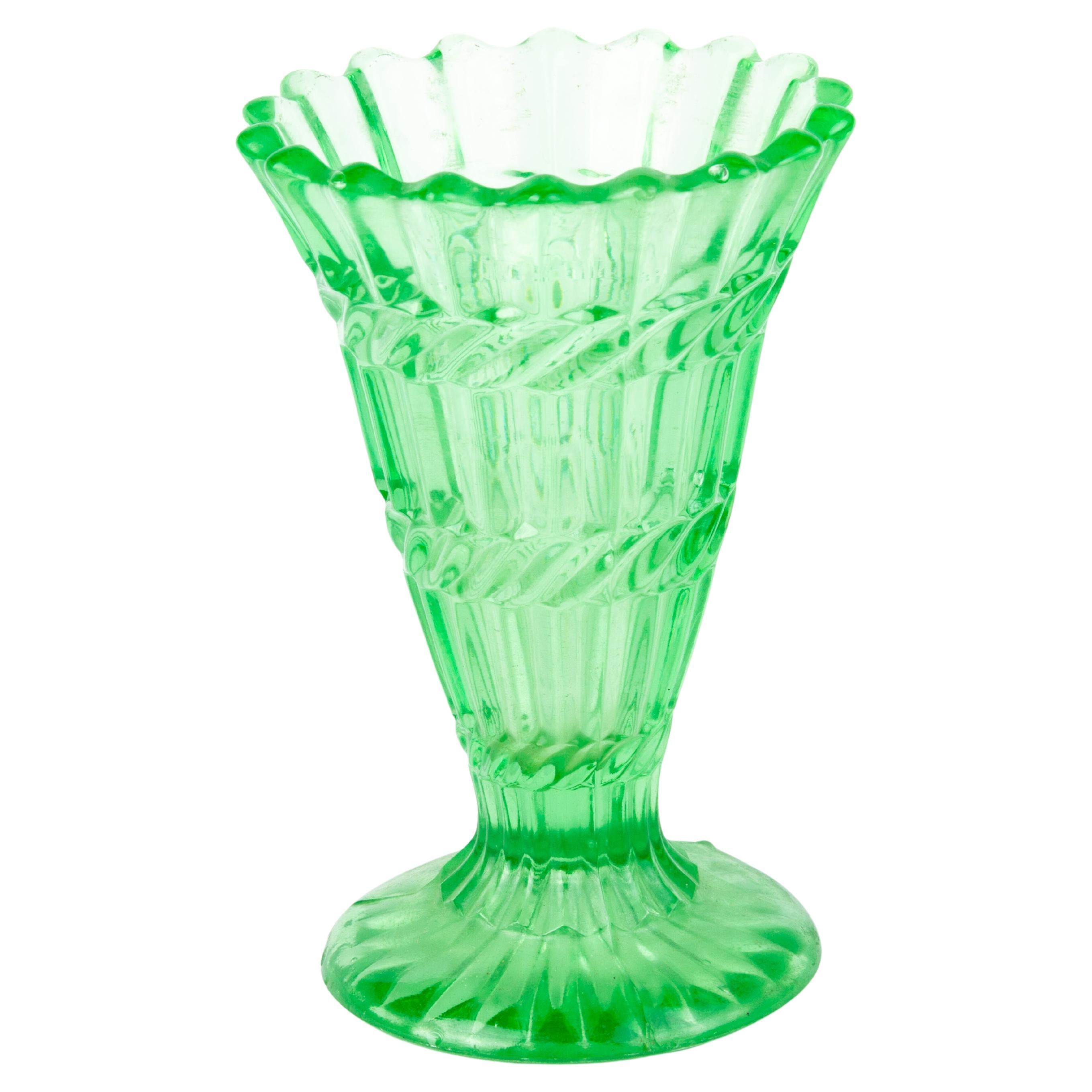 Art Deco Uranium Glass Fluted Centerpiece Vase 1930s For Sale