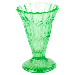 Antique Art Deco Uranium Glass Fluted Centerpiece Vase 1930s