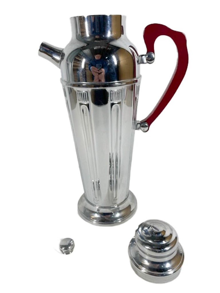 Art Deco UrnForm Chrome Cocktail Shaker with Molded Columns and Red