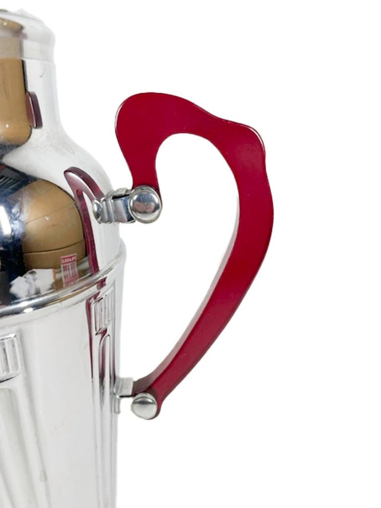 Art Deco UrnForm Chrome Cocktail Shaker with Molded Columns and Red
